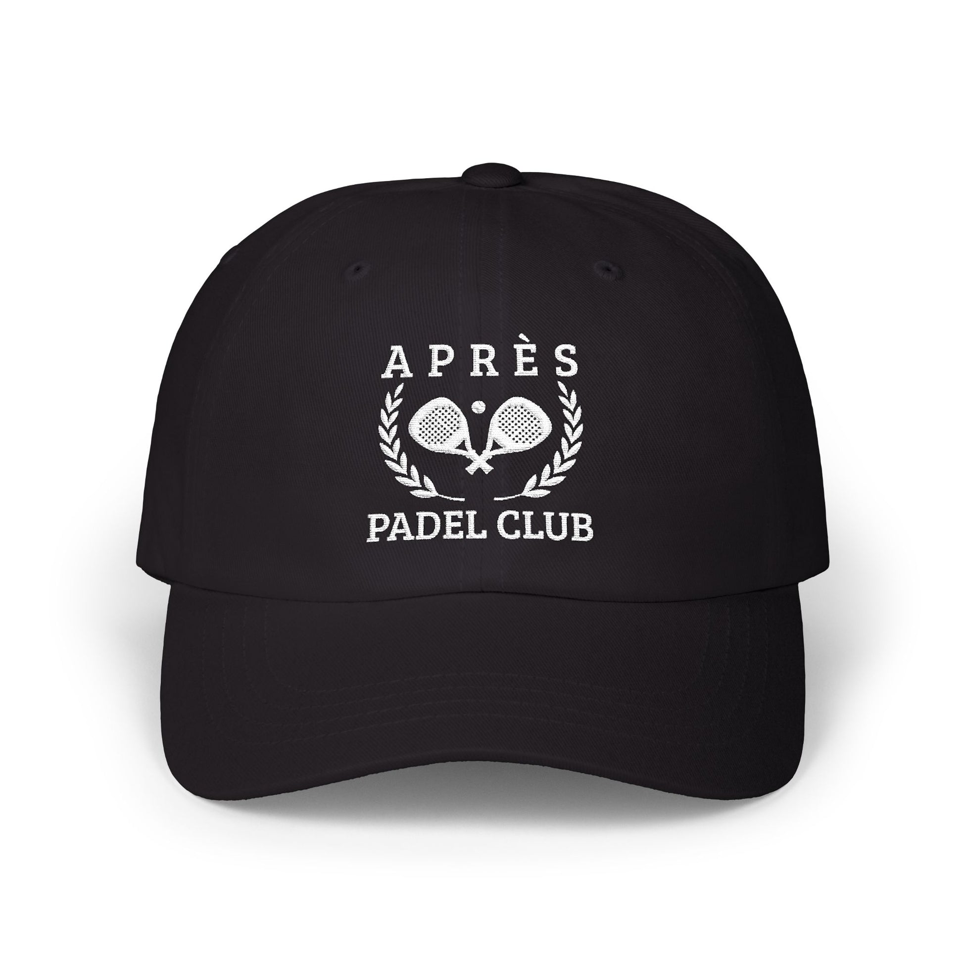 Padel Cap Black cap with a white crown logo on a white background