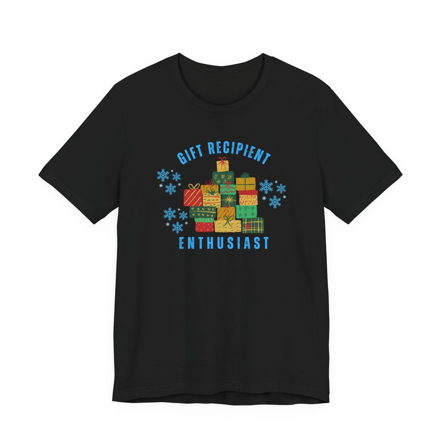 Black t-shirt with colorful gift box design and text on a white background