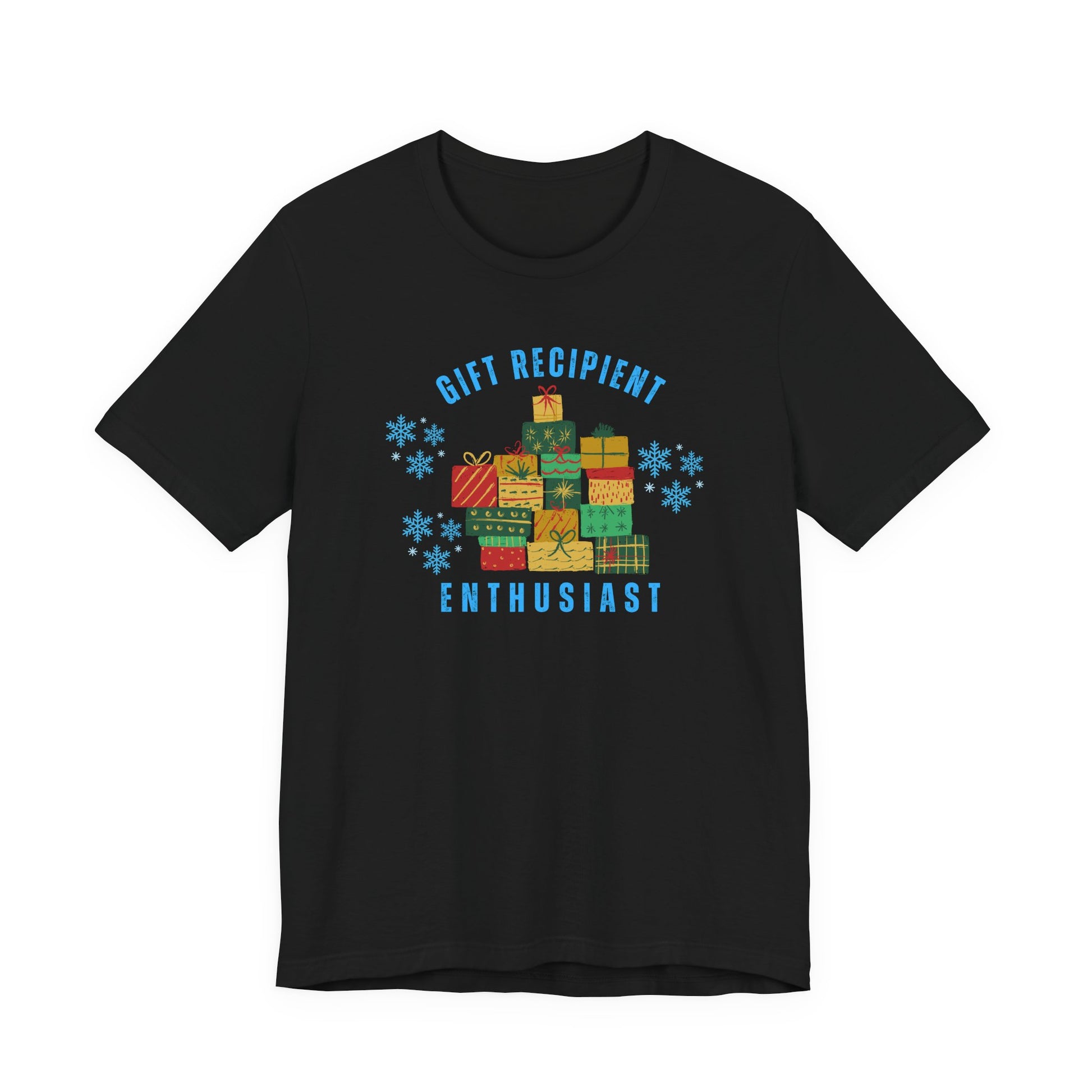Black t-shirt with colorful gift box design and text on a white background