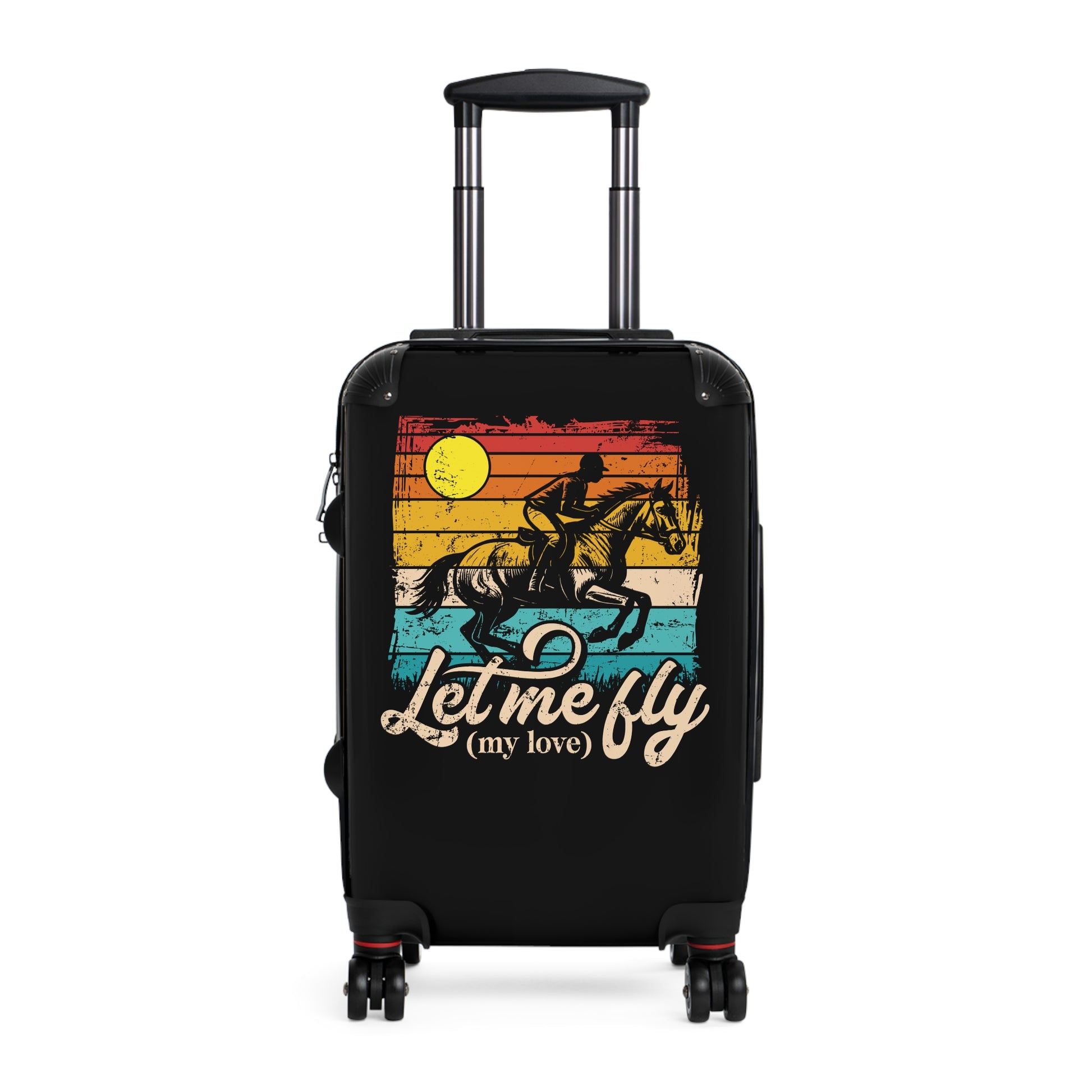 Black suitcase with a horse and rider design and 'Let me fly (my love)' text on a white background