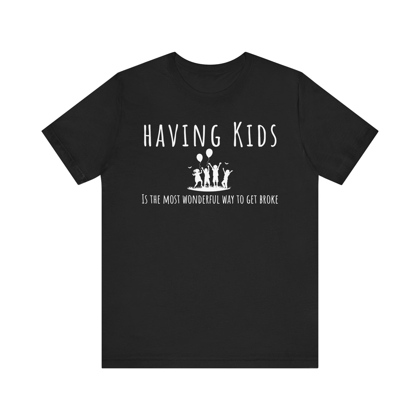 Black t-shirt with white text and graphics on a white background