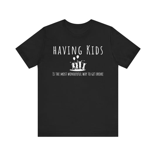 Black t-shirt with white text and graphics on a white background
