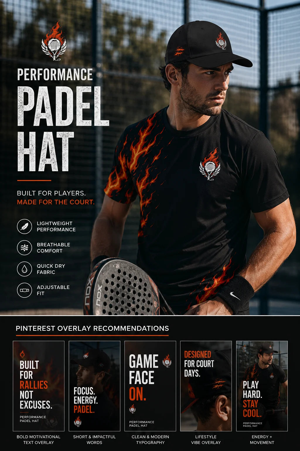 performance padel hat shirt Man holding a paddle with text about a performance padel hat on a dark background