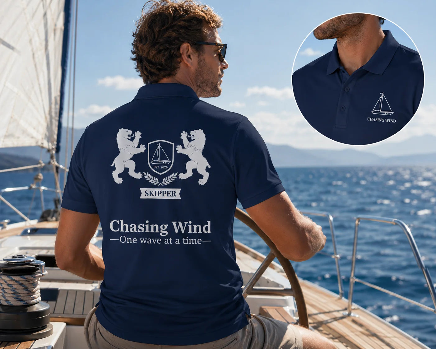 Sailing Polo Shirt Man on a sailboat wearing a navy blue polo shirt with branding and text.