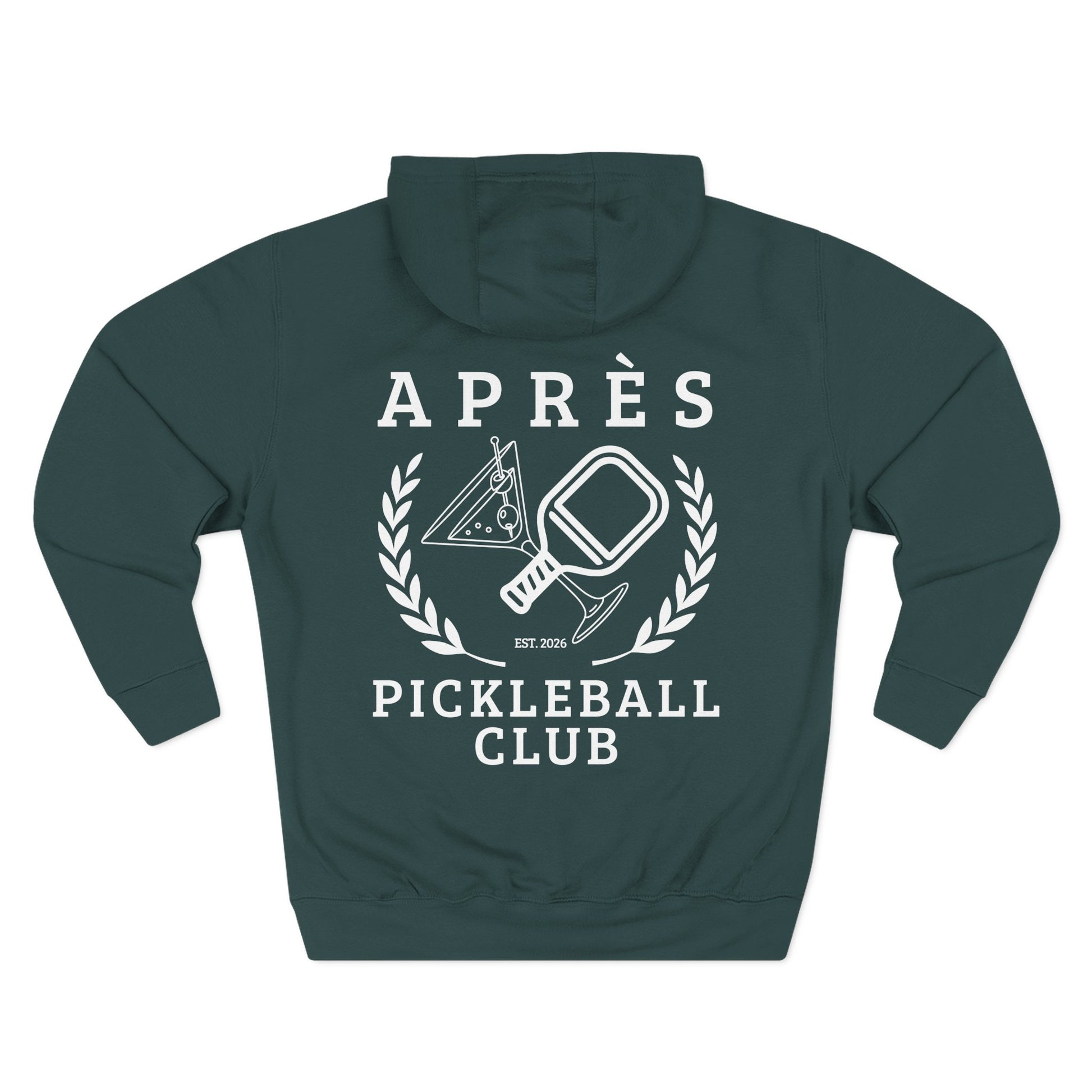 Funny Pickleball Hoodie Green hoodie with white pickleball club design on a white background