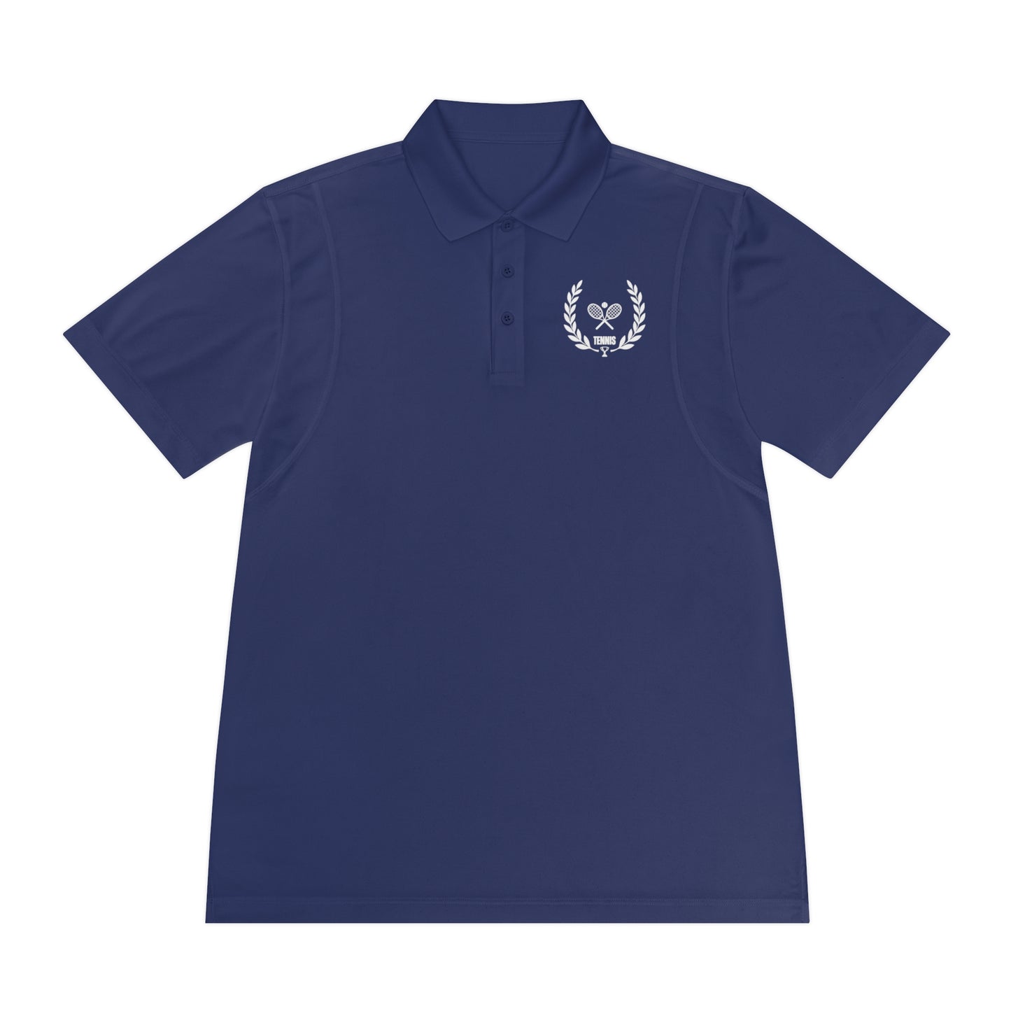 Navy blue polo shirt with a white emblem on a white background