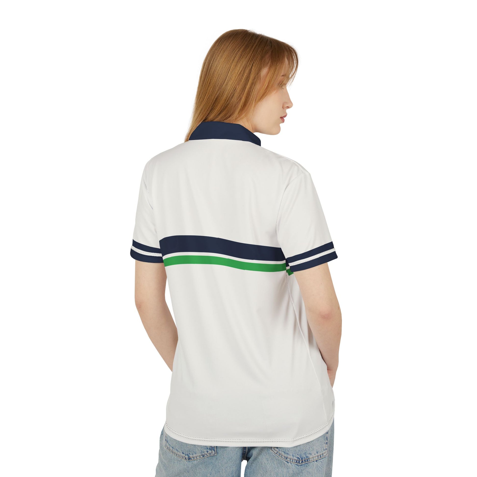 Retro Tennis Clothes Person wearing a white polo shirt with blue and green stripes on a white background