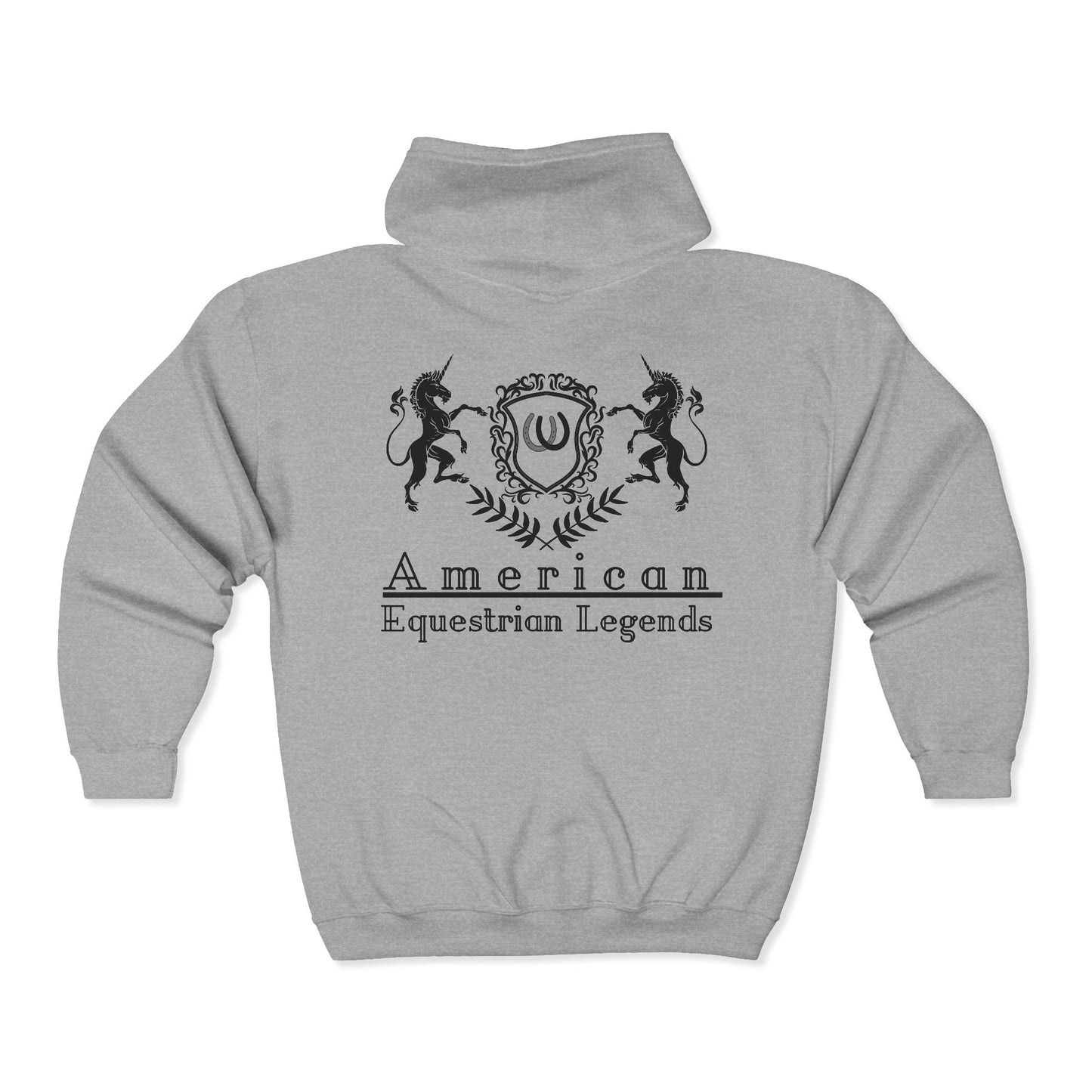 Gray hoodie with 'American Equestrian Legends' design on a white background