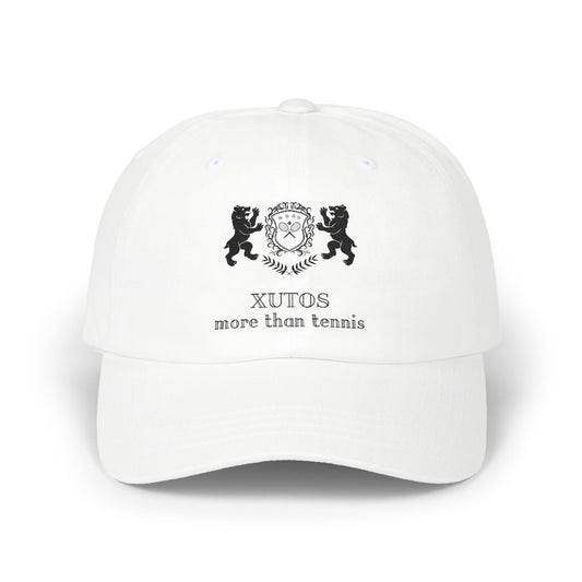Xutos White cap with black logo and text on a white background