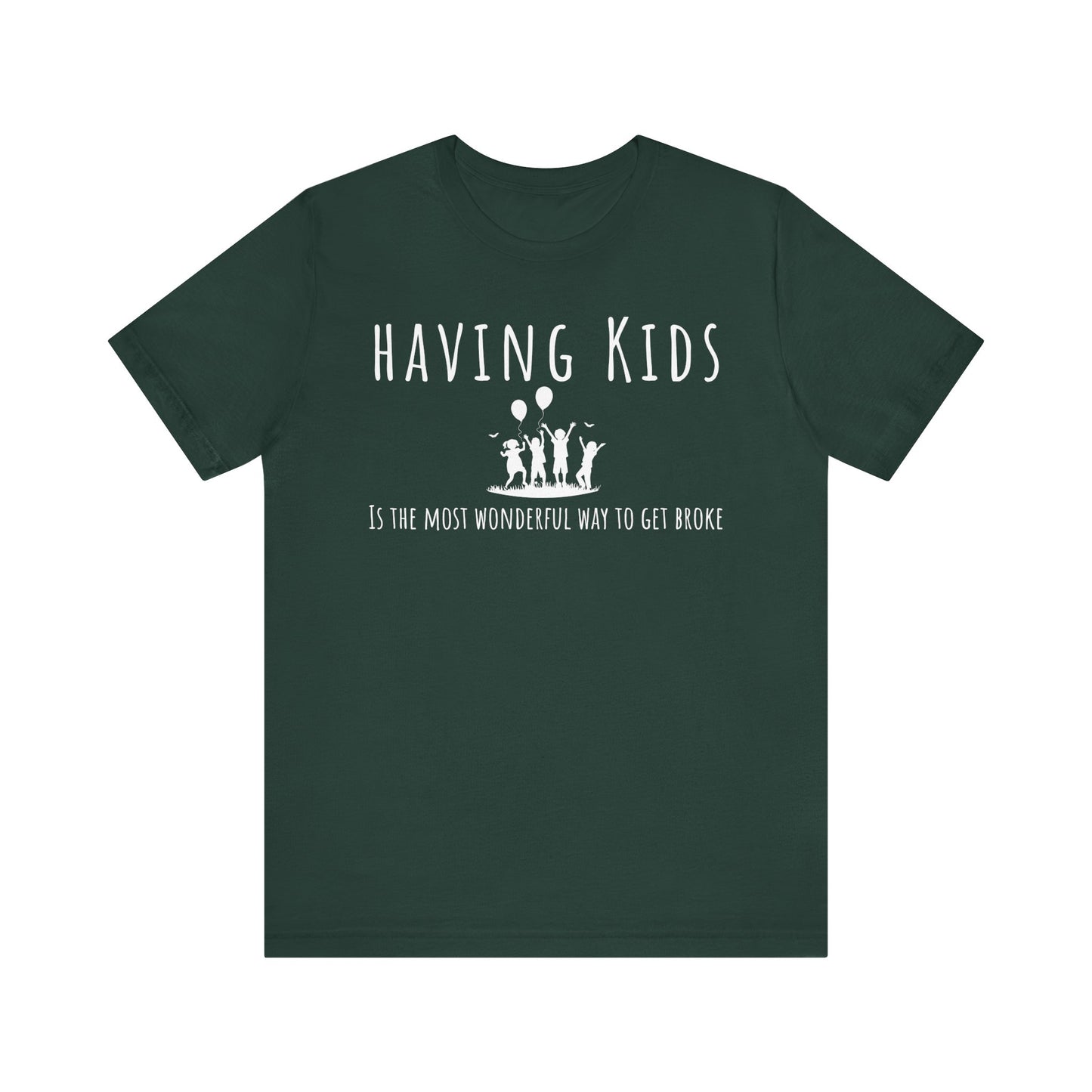 Green t-shirt with white text and graphic on a white background