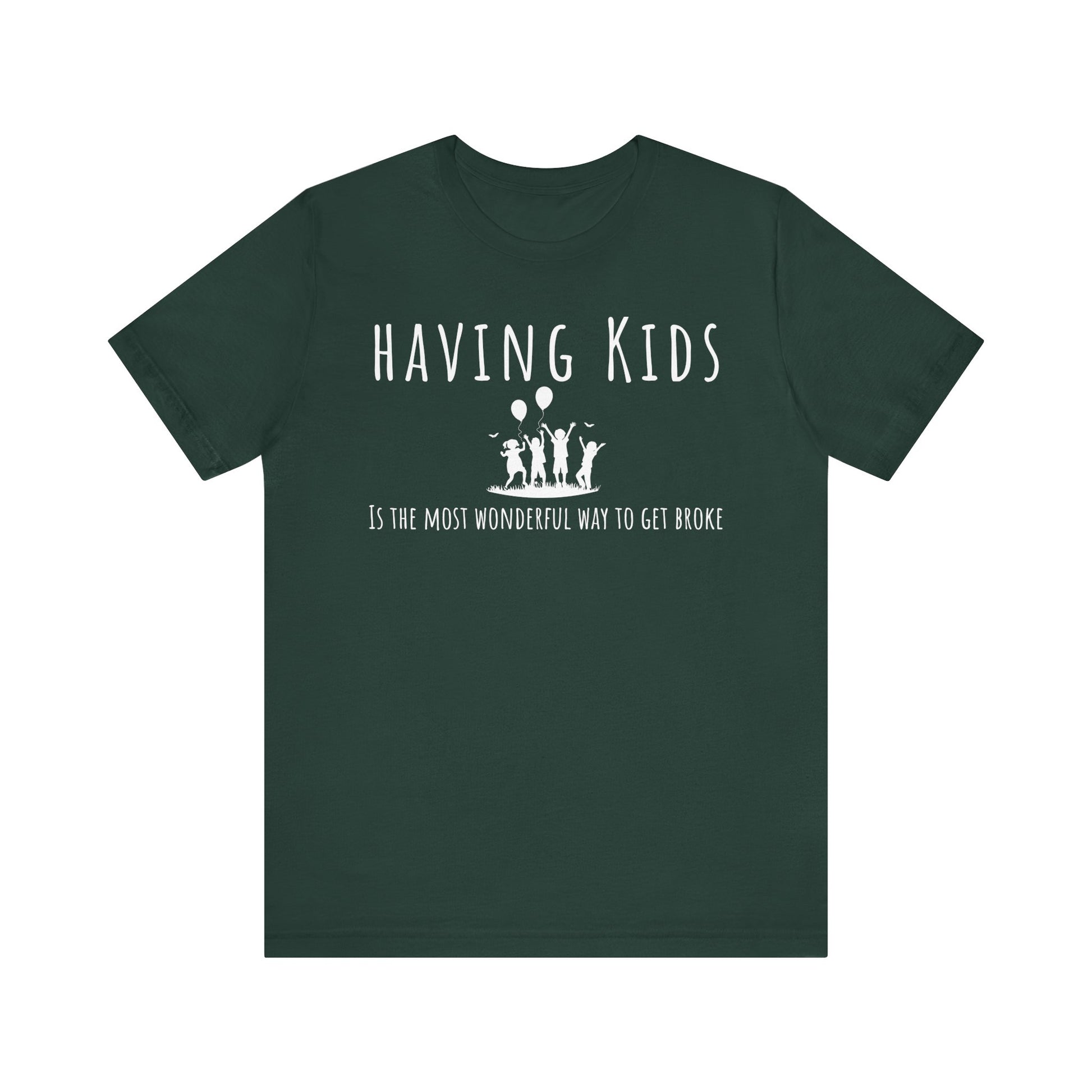 Green t-shirt with white text and graphic on a white background