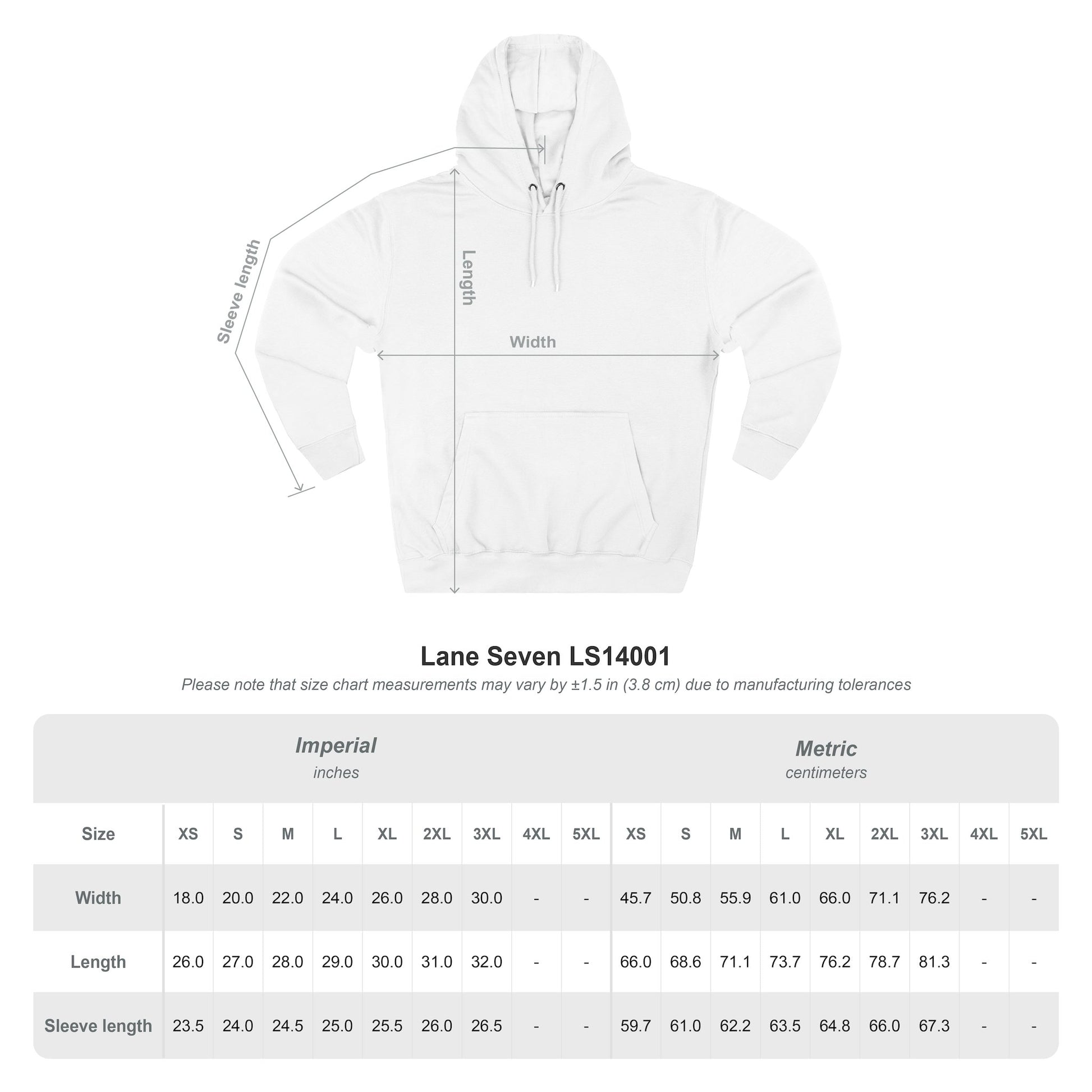 White hoodie with measurement chart on a white background