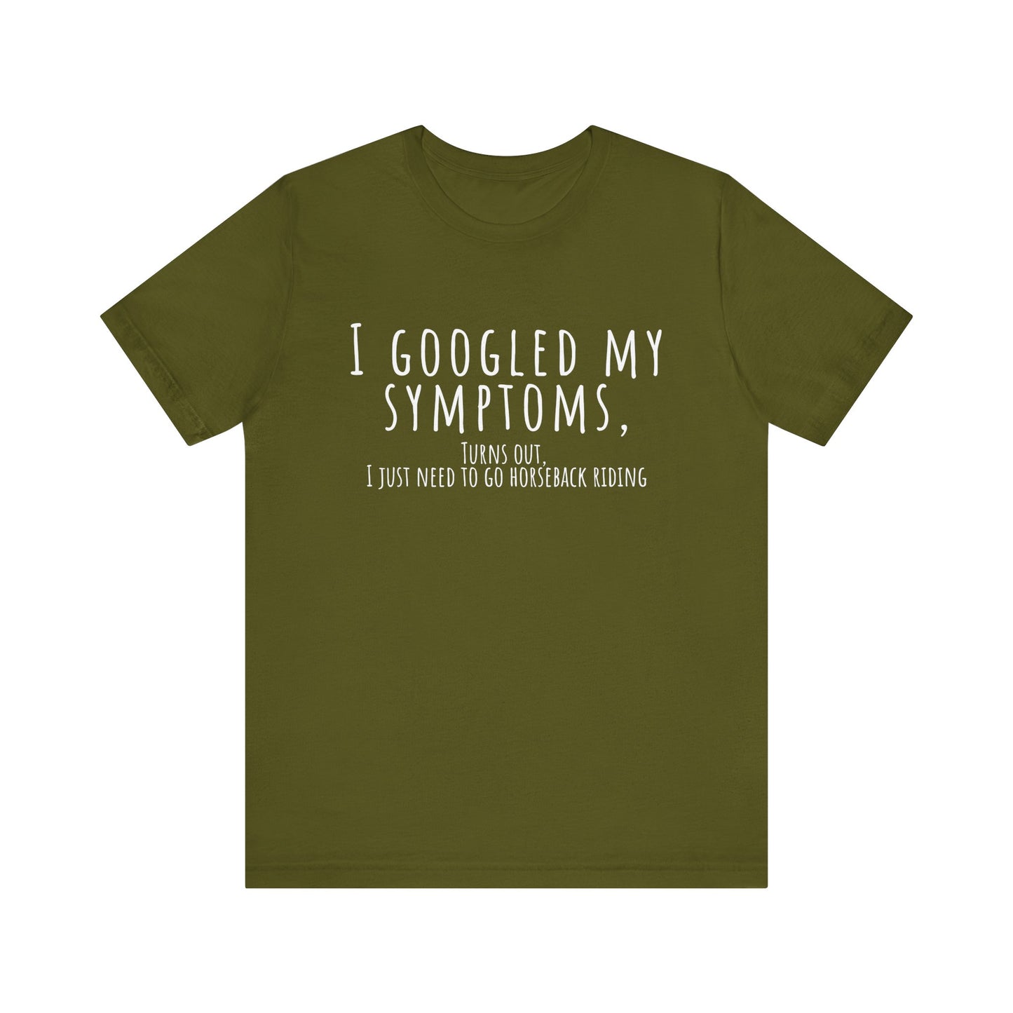 Green t-shirt with humorous text on a white background