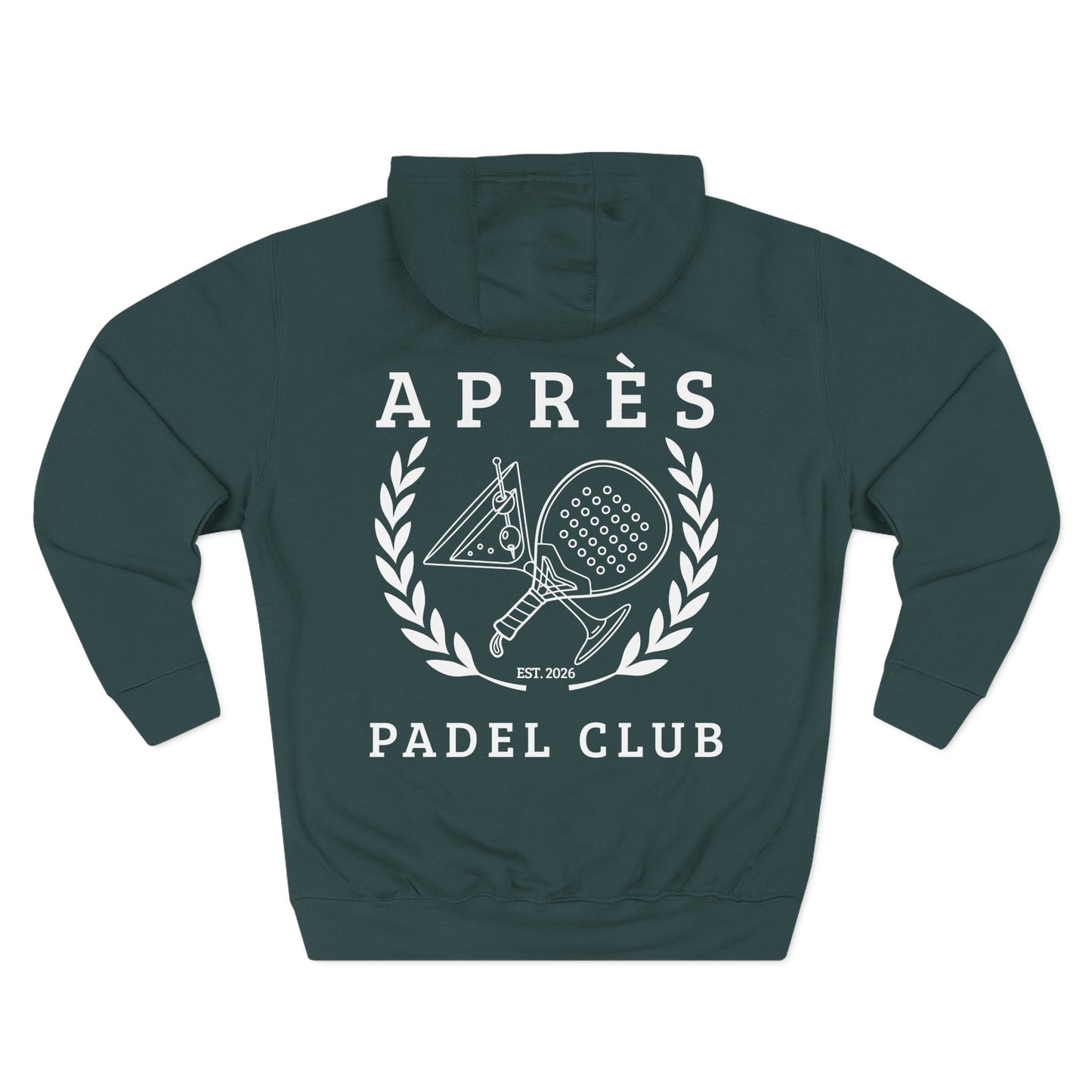 Hoodie Padel Green hoodie with 'Apres Padel Club' design on a white background