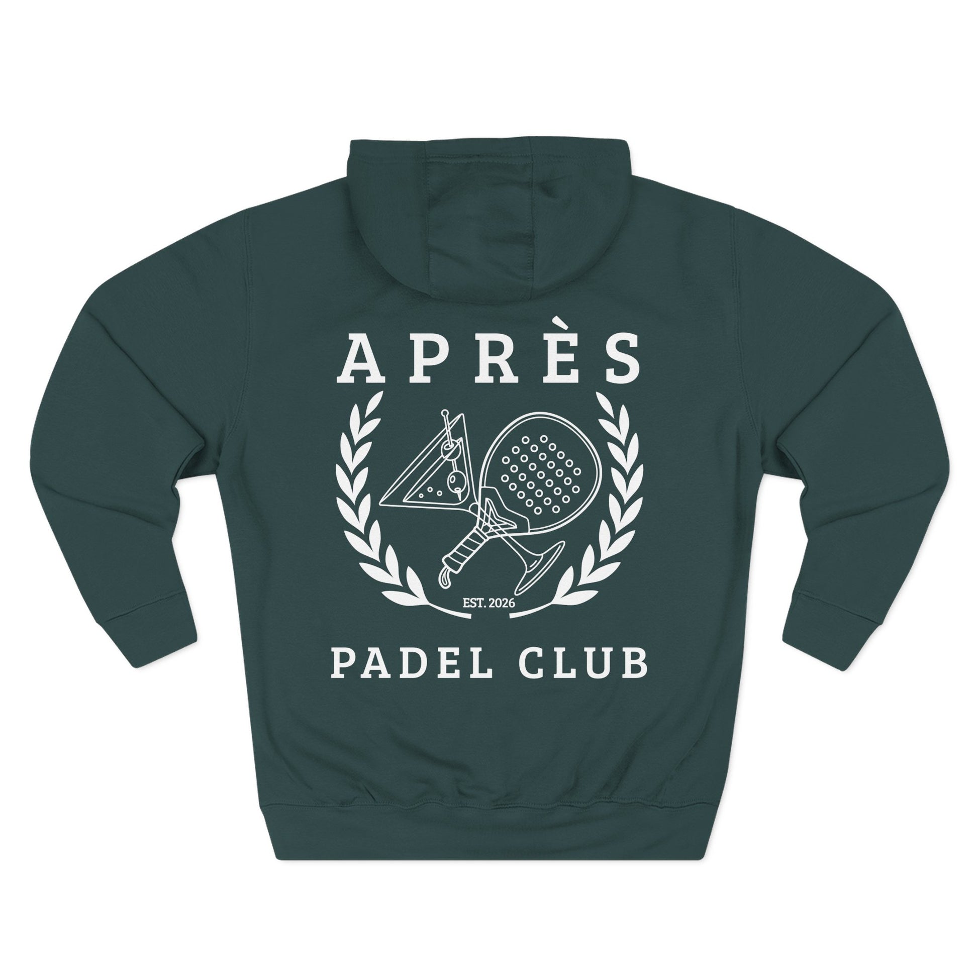 Hoodie Padel Green hoodie with 'Apres Padel Club' design on a white background