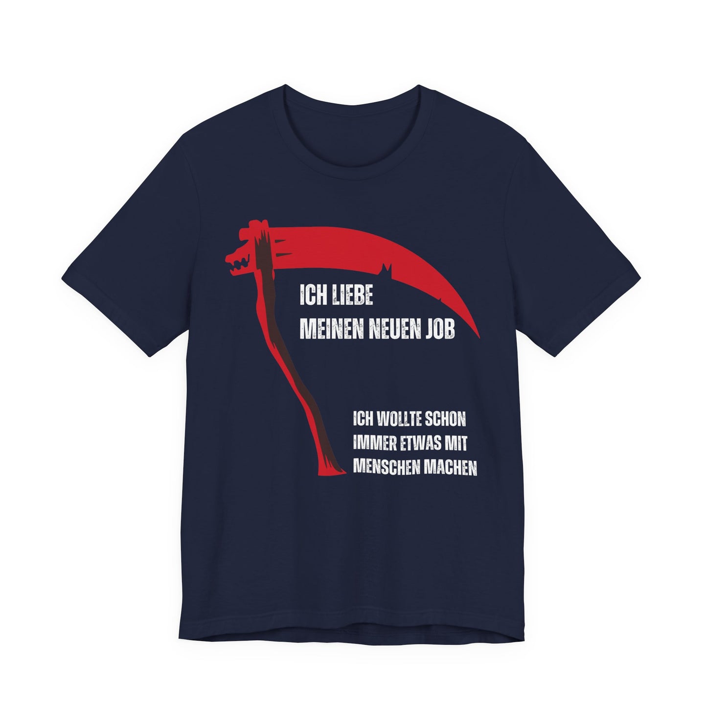 Black t-shirt with red and white graphic and text on a white background