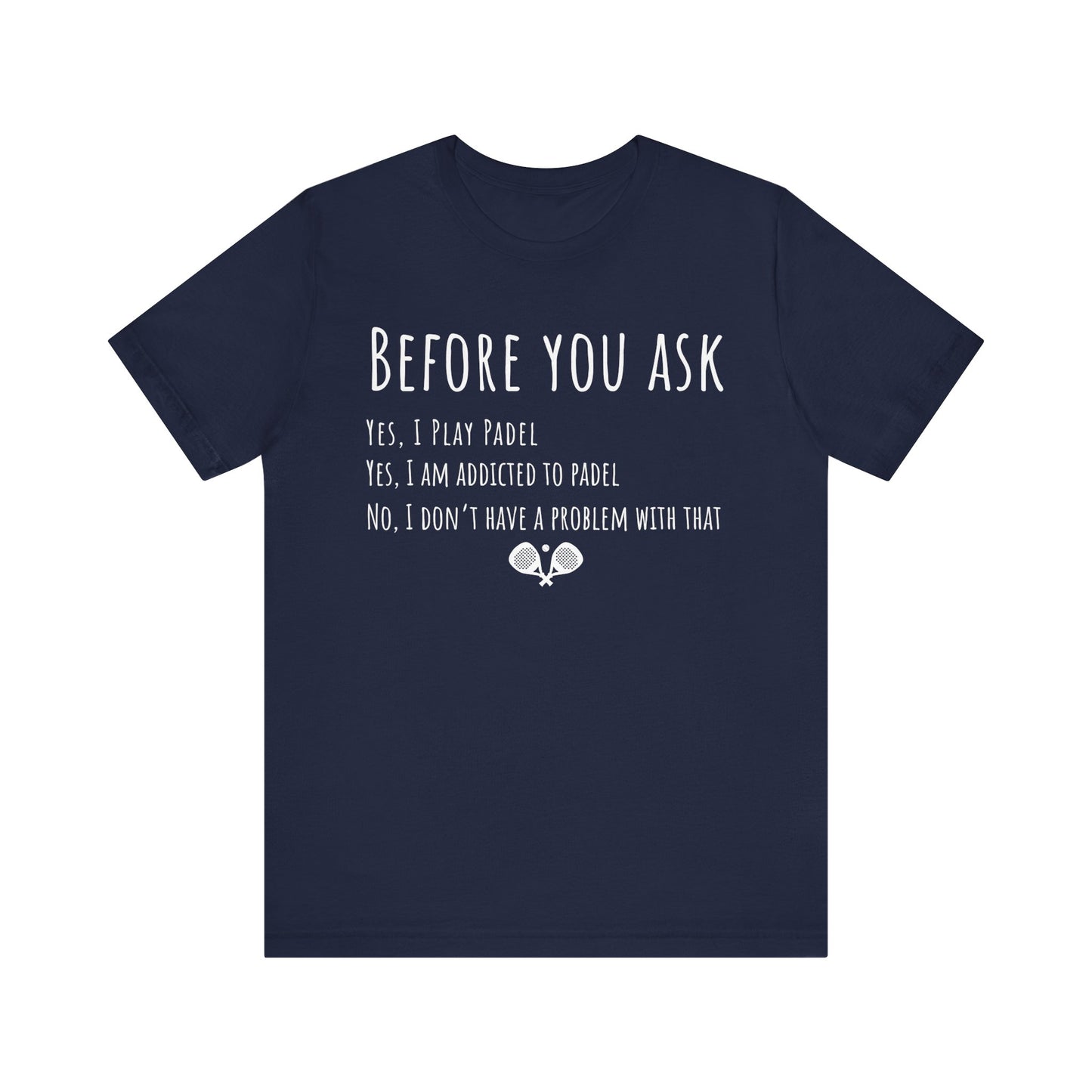 Navy blue t-shirt with white text and paddle icons on a white background