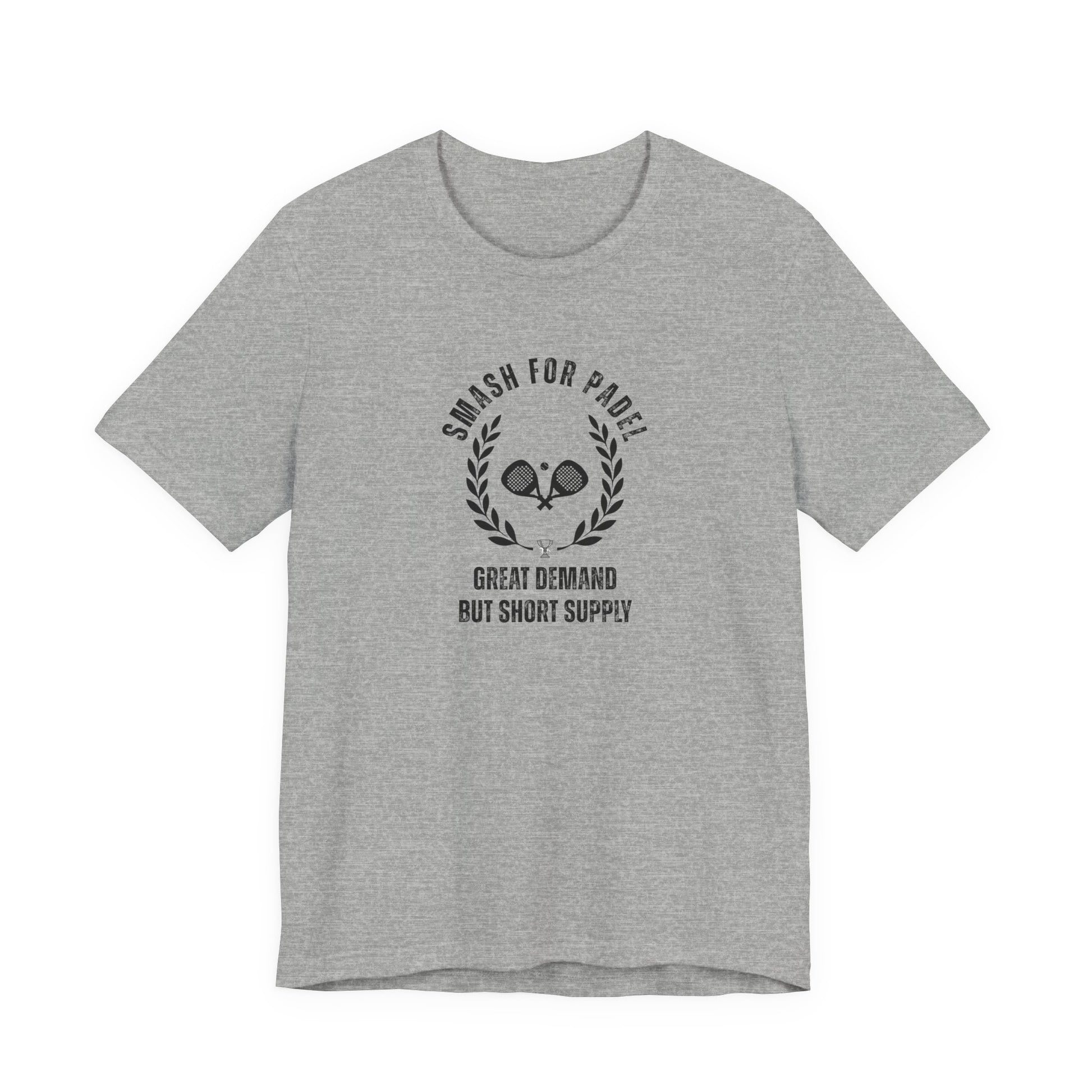 Gray t-shirt with black graphic and text on a white background