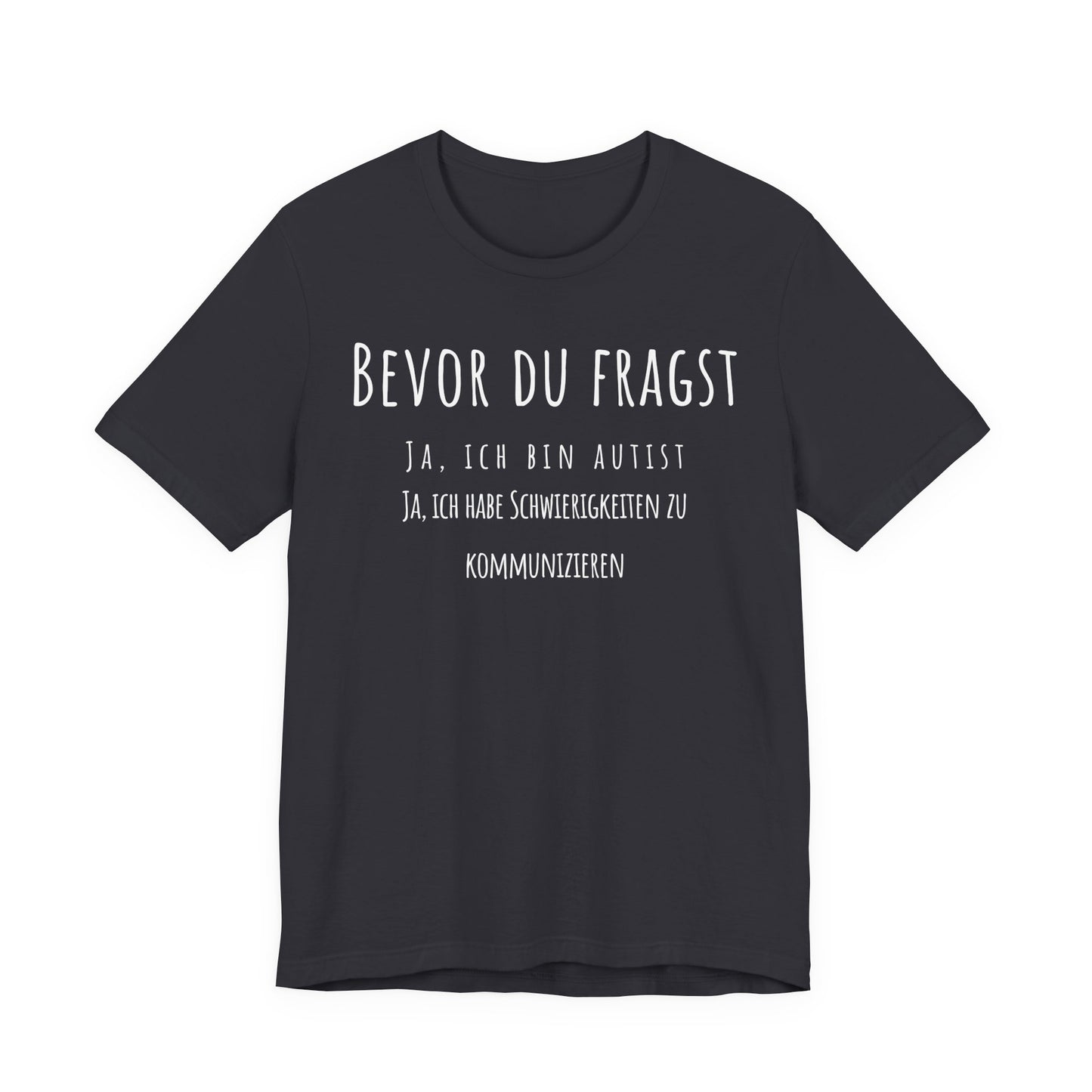 Black t-shirt with white text on a white background