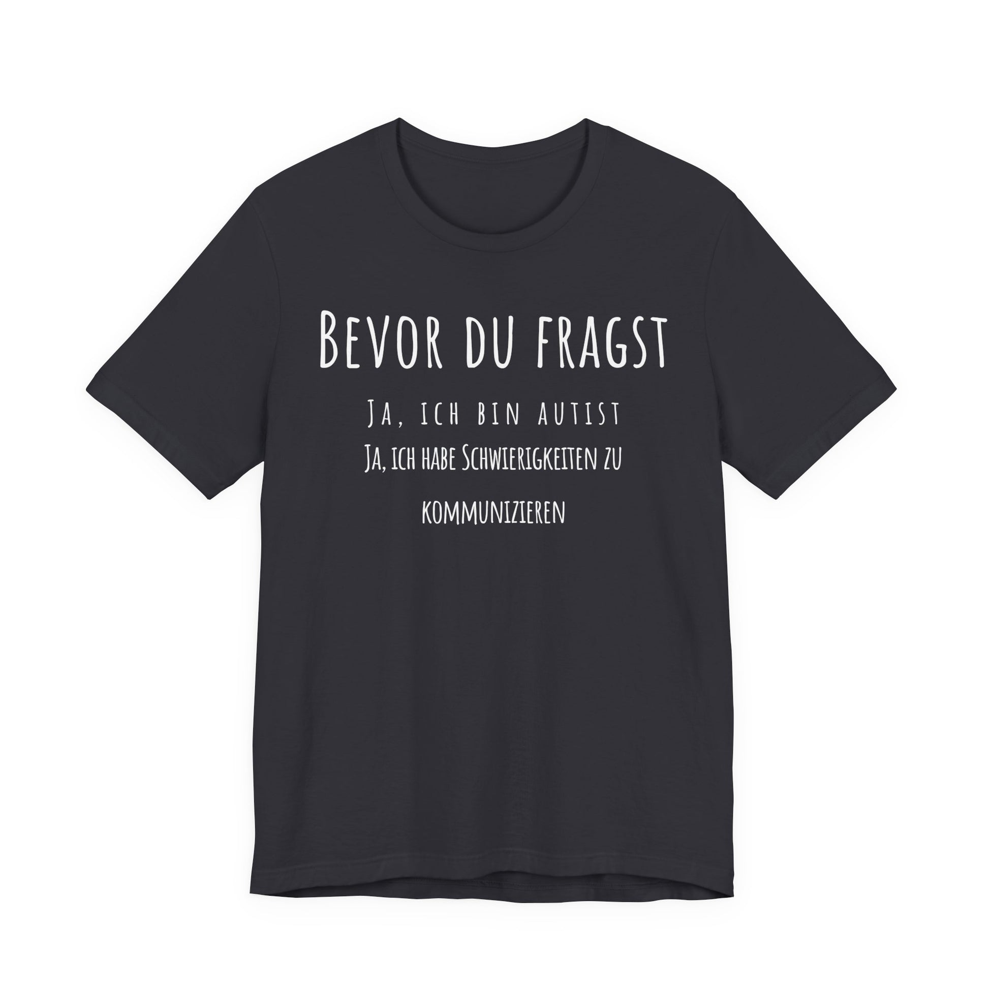 Black t-shirt with white text on a white background