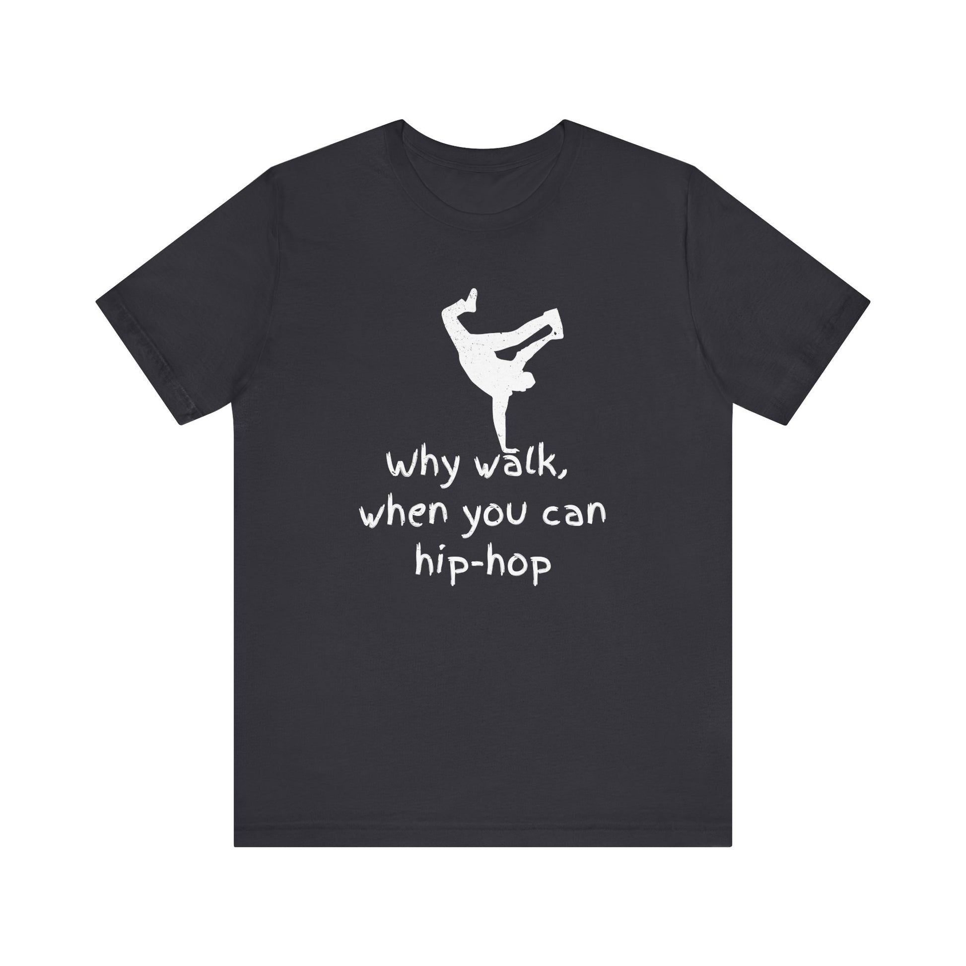 Black t-shirt with white graphic and text on a white background