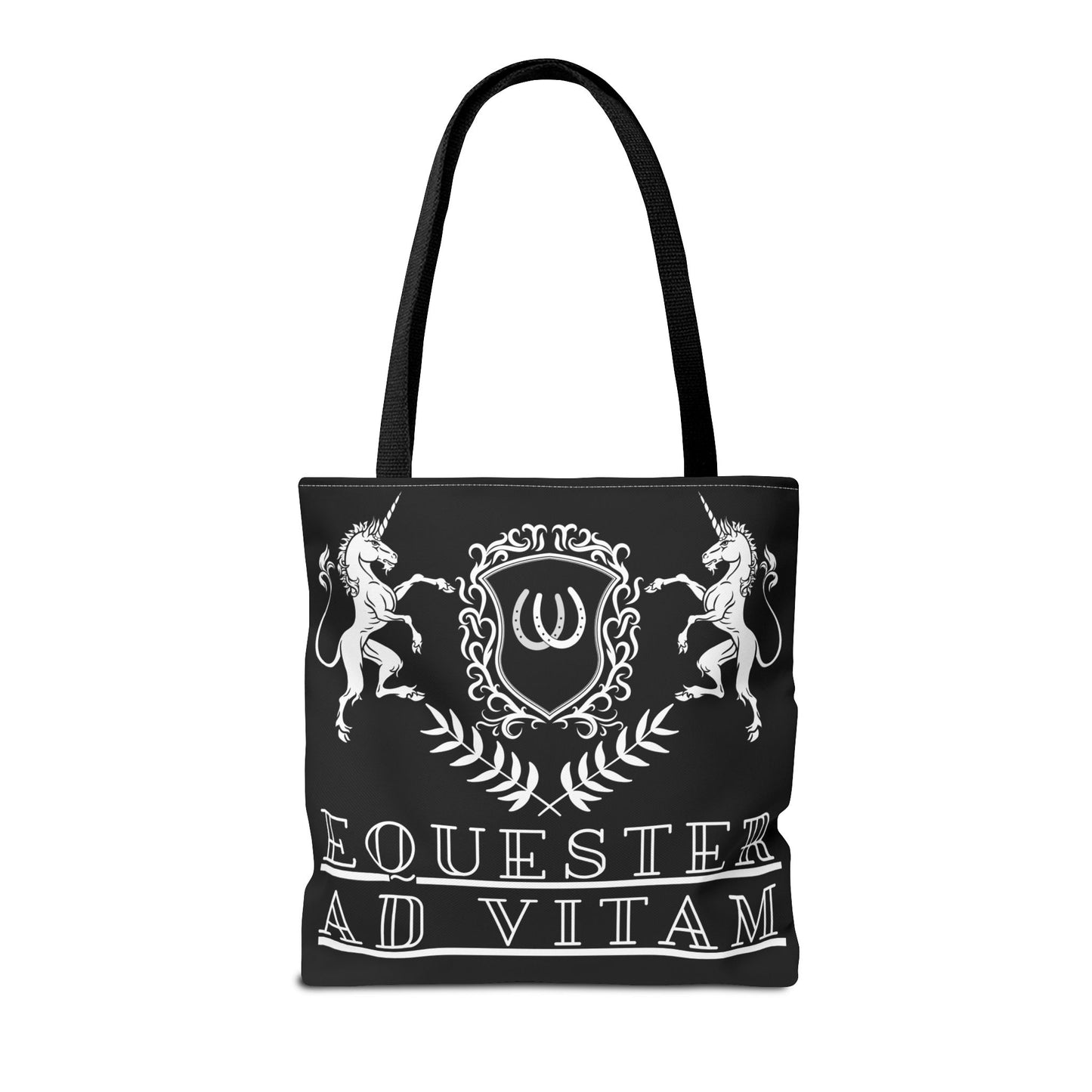 Black tote bag with white emblem and text on a white background