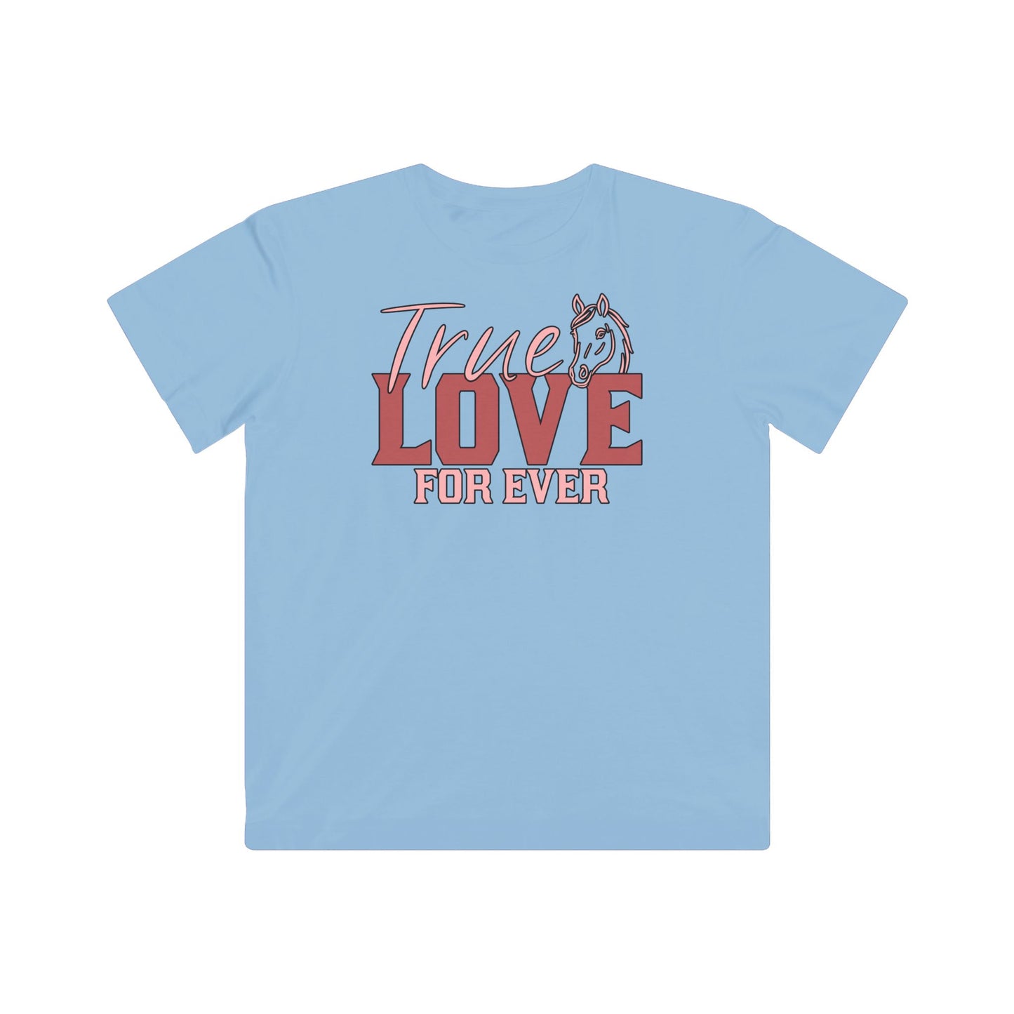 Light blue t-shirt with 'True Love For Ever' text and graphic on a white background