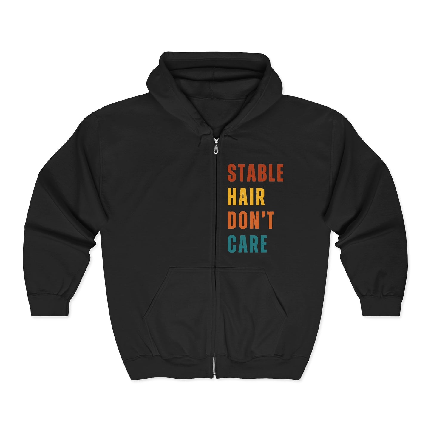Equestrian Hoodie with Stable Hair Don't Care text and horse barn back print. Black hoodie with colorful text 'STABLE HAIR DON'T CARE' on a white background