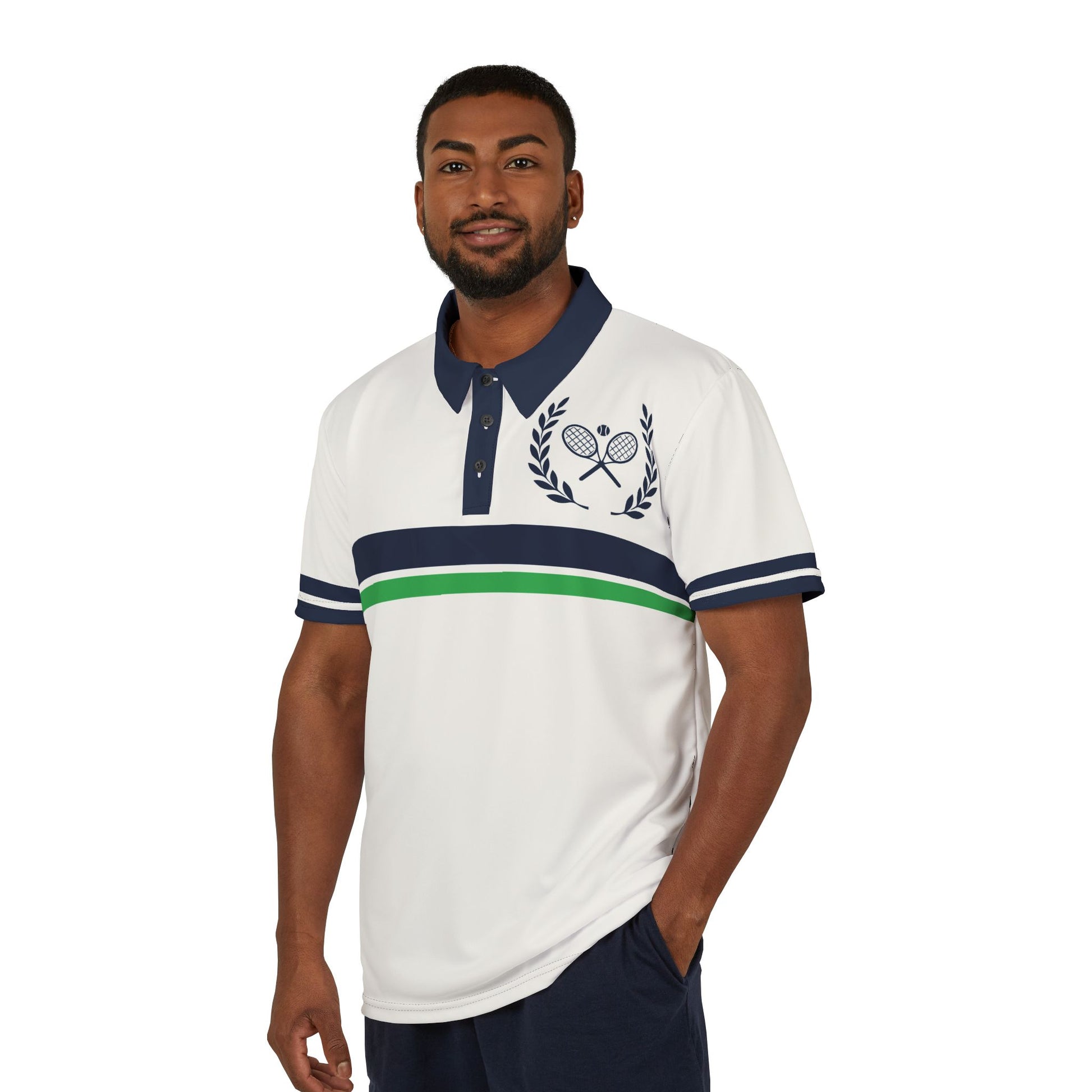 Retro Tennis Clothes Man wearing a white polo shirt with navy accents and a logo on a white background