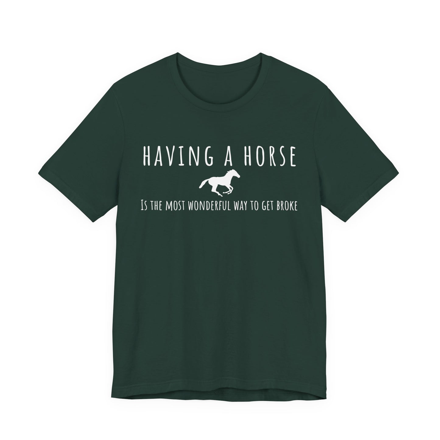 Green t-shirt with white text and horse graphic on a white background