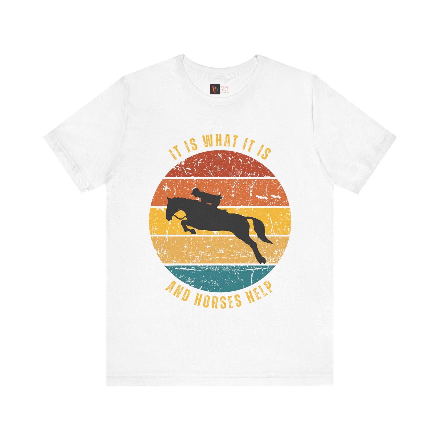 White t-shirt with a graphic of a horse and text on a white background