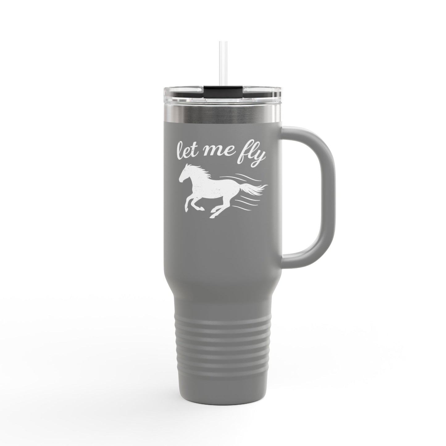 Gray travel mug with 'let me fly' and horse design on a white background