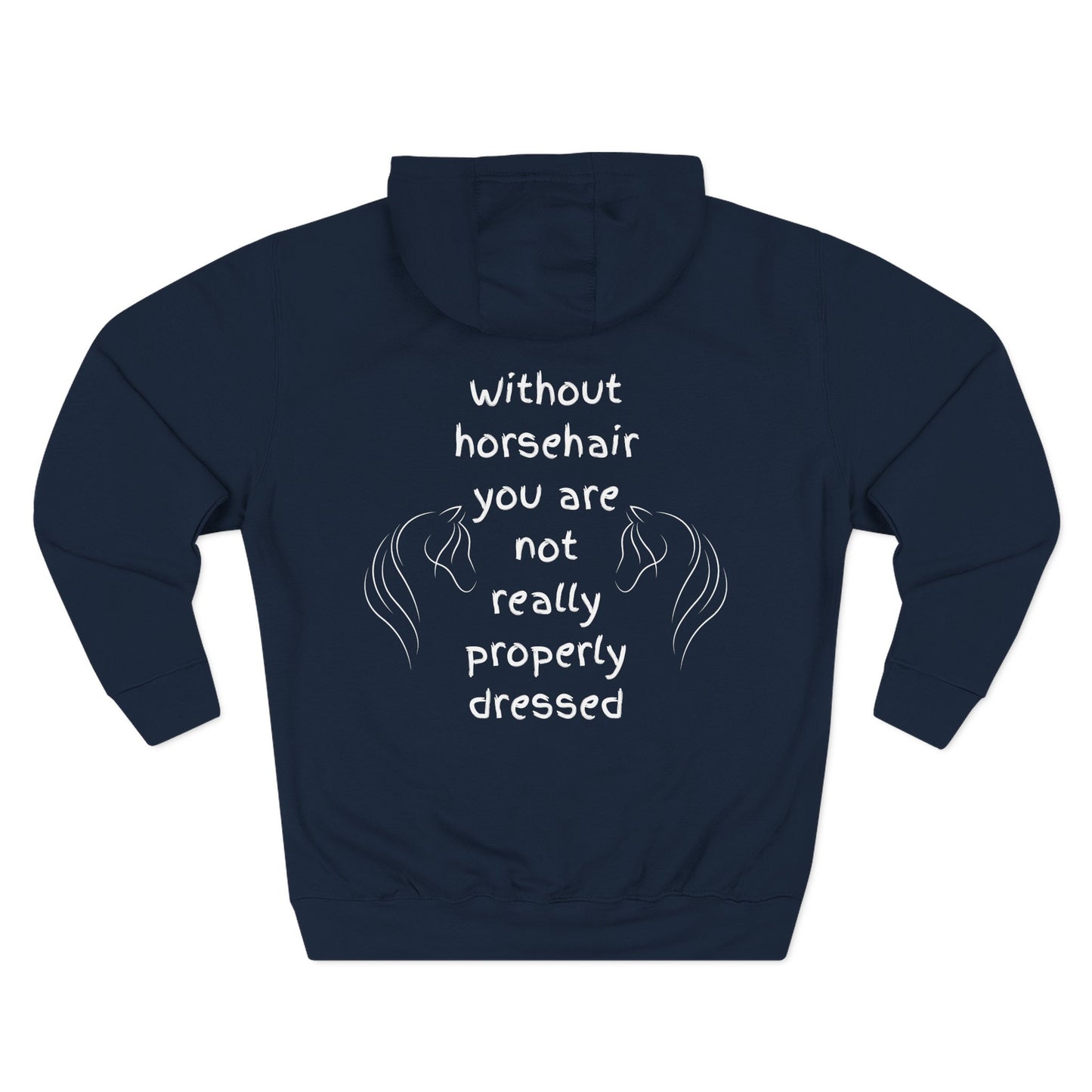 Navy blue hoodie with white text and horse illustrations on a white background
