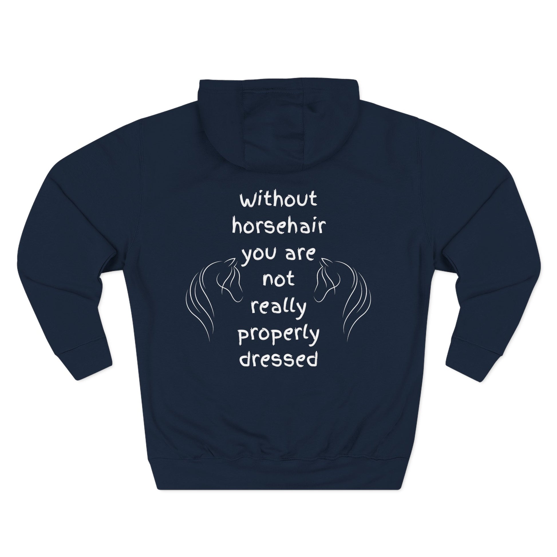 Navy blue hoodie with white text and horse illustrations on a white background