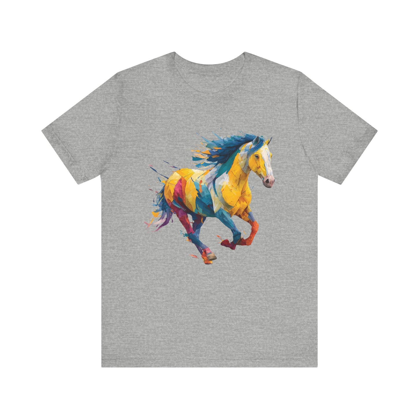 Gray t-shirt with a colorful horse design on a white background