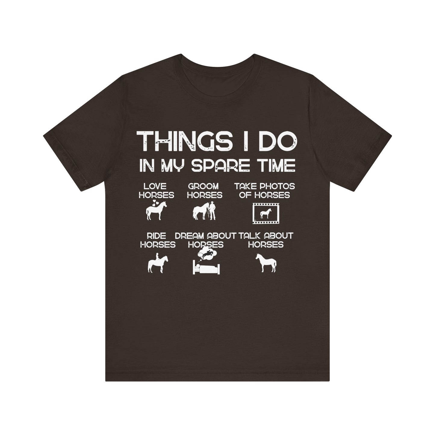 Black t-shirt with white text and horse-related graphics on a white background