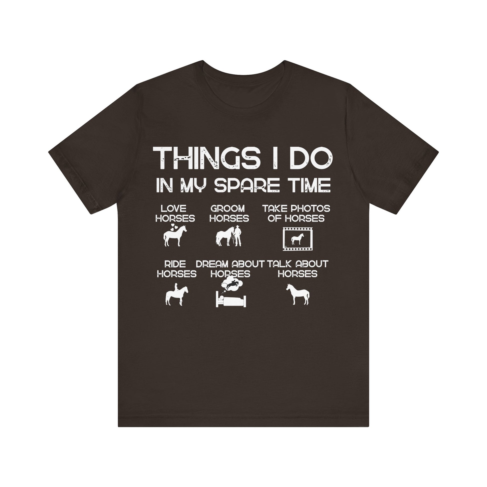 Black t-shirt with white text and horse-related graphics on a white background