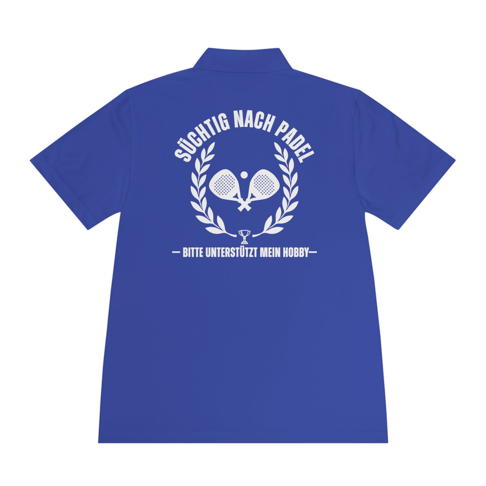Blue polo shirt with white text and graphics on a white background