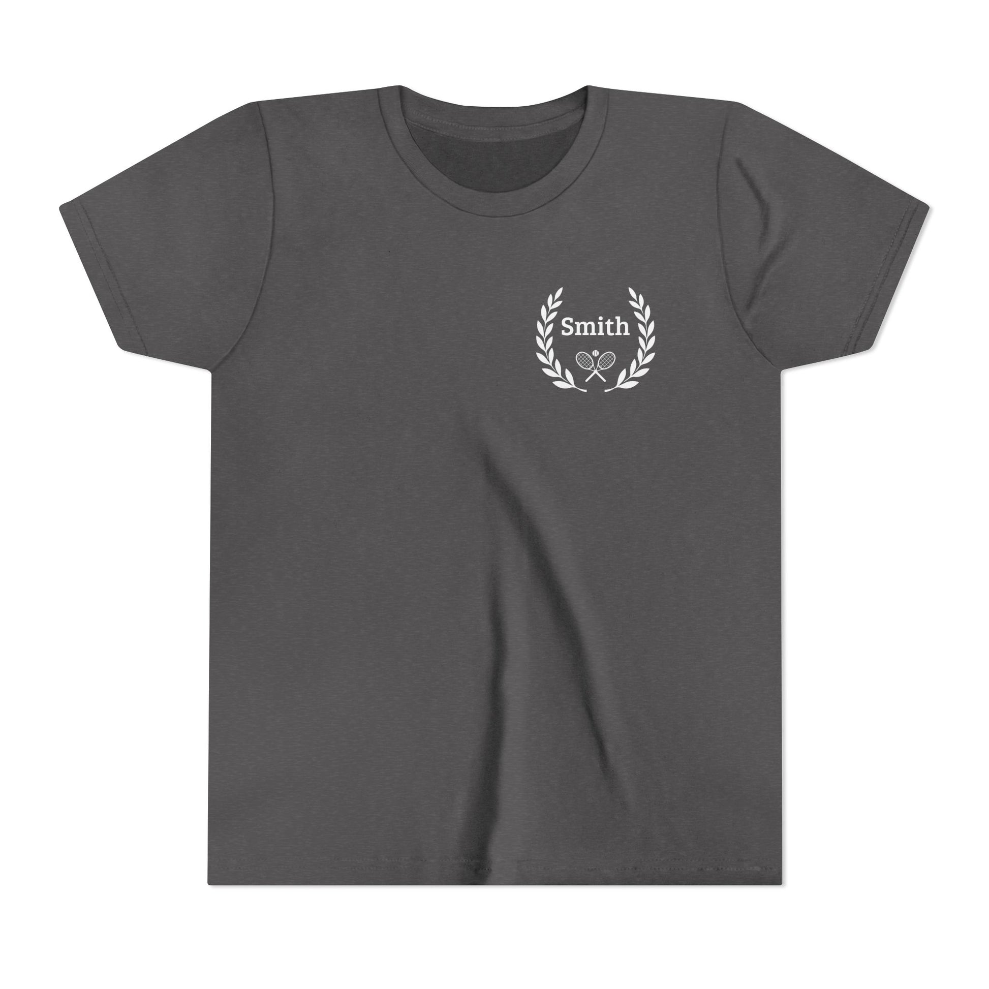 Junior tennis shirts Black t-shirt with a colorful graphic on the chest against a white background