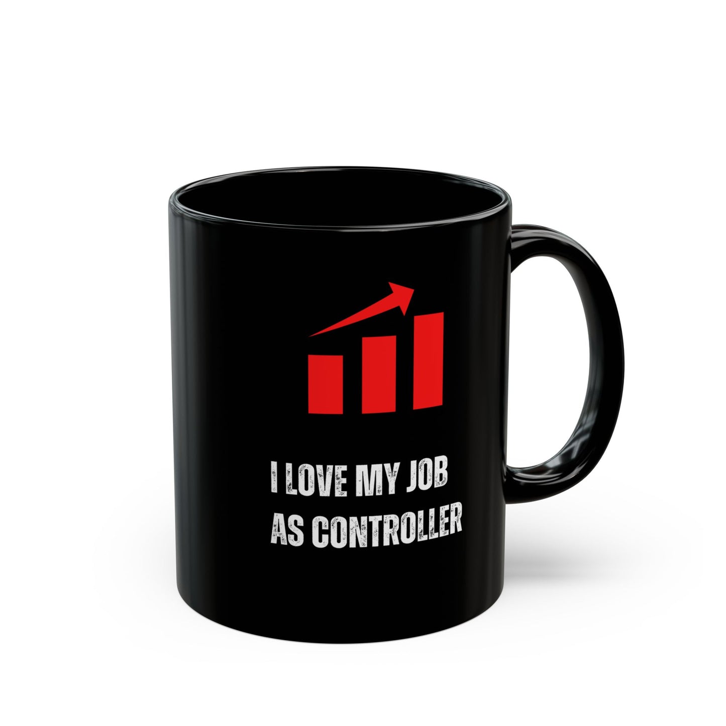 Office Controller Mug Black mug with red and white graphic and text on a white background
