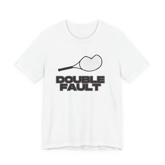 White t-shirt with 'Double Fault' graphic design on a white background