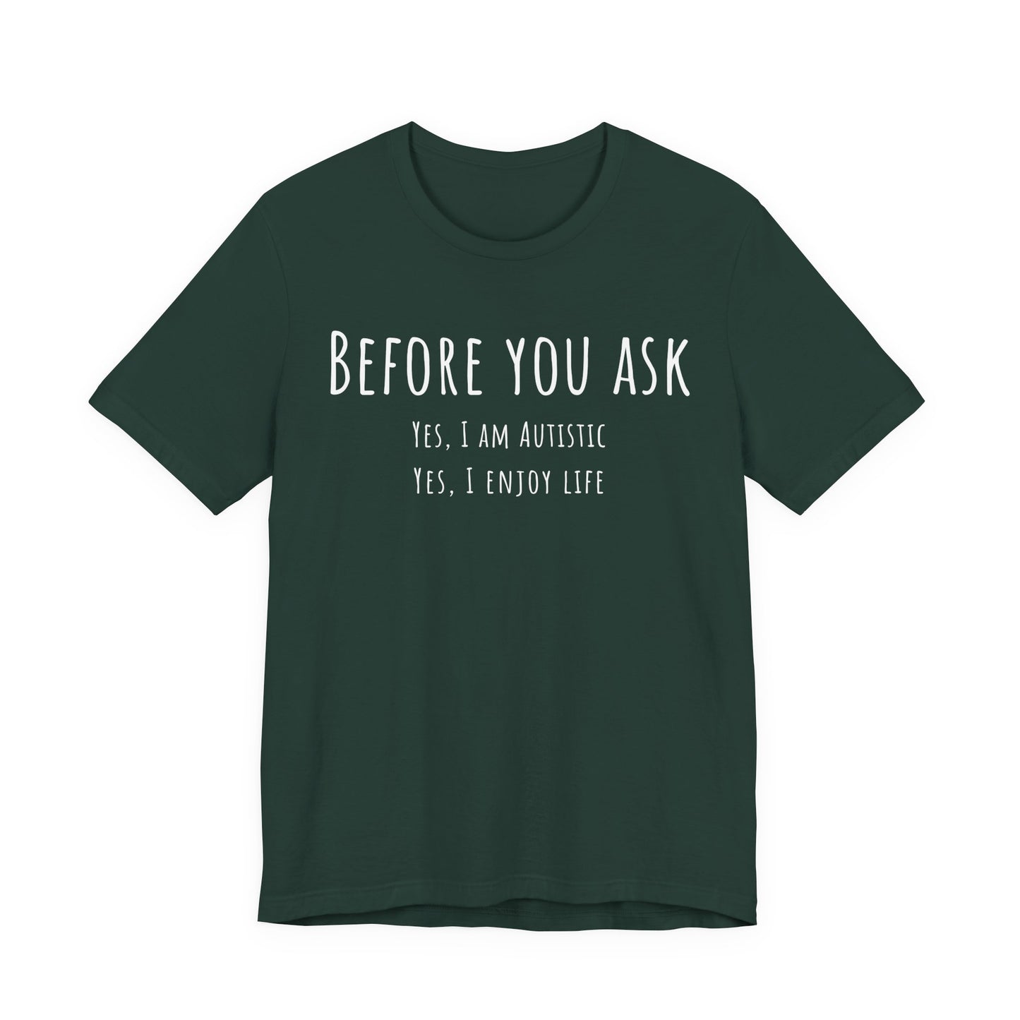 Green t-shirt with white text on a white background