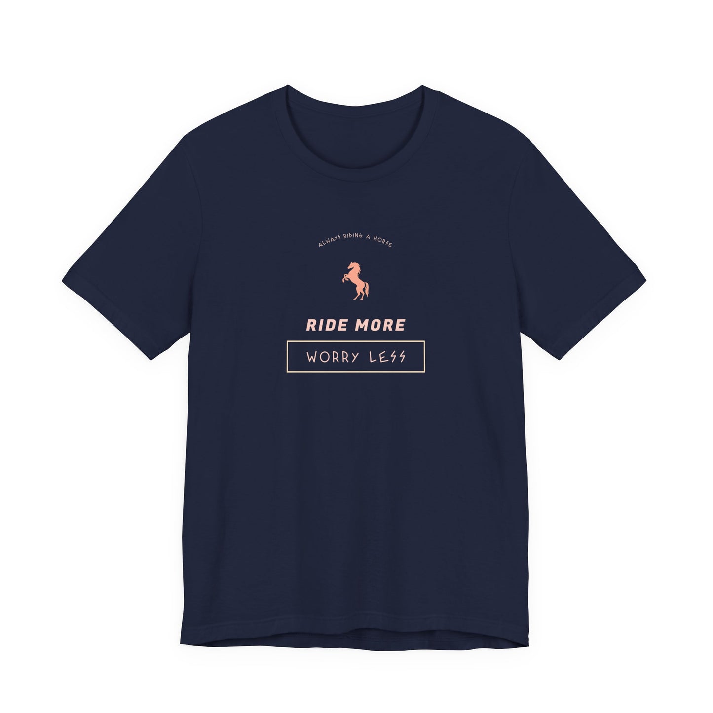 Navy blue t-shirt with text and logo on a white background