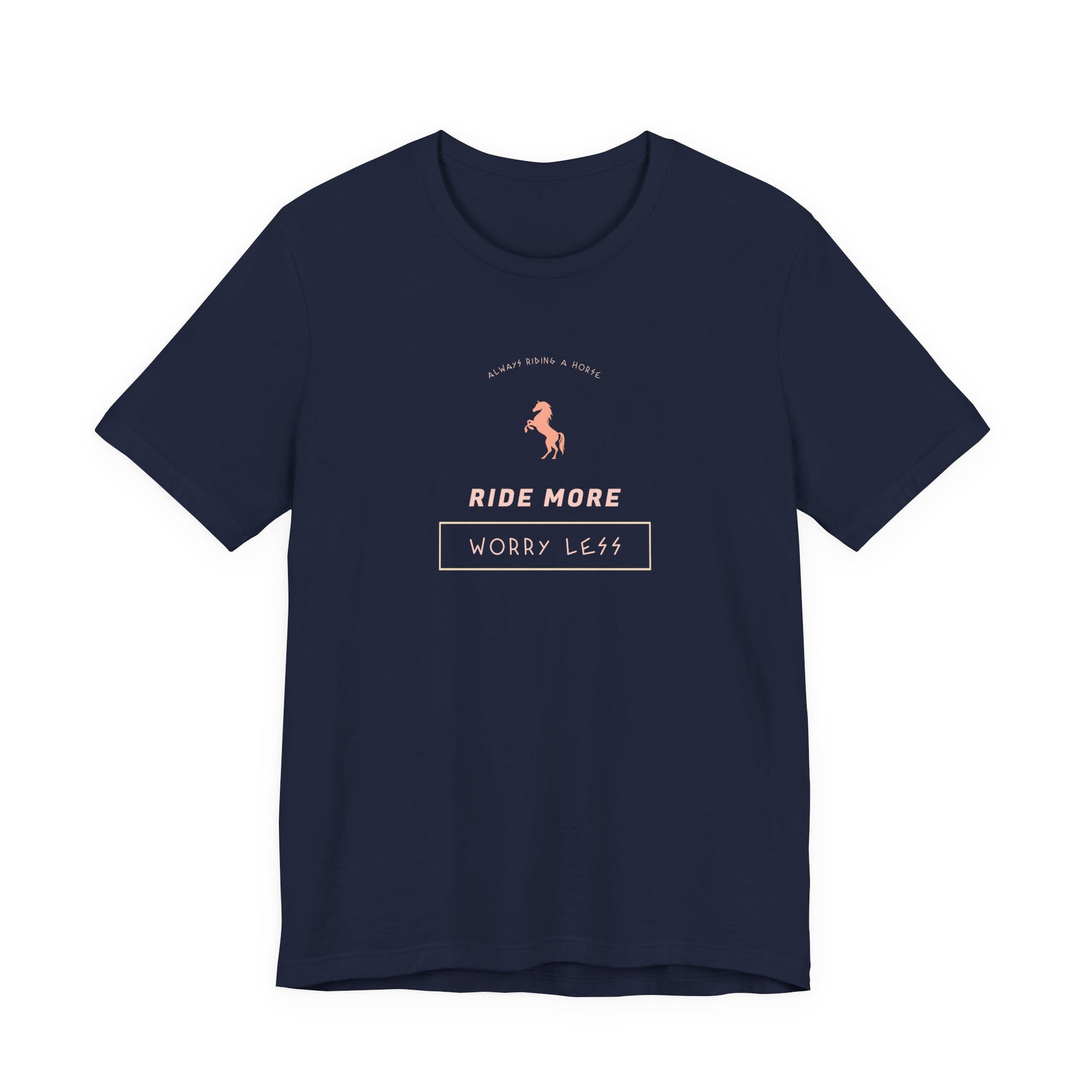 Navy blue t-shirt with text and logo on a white background