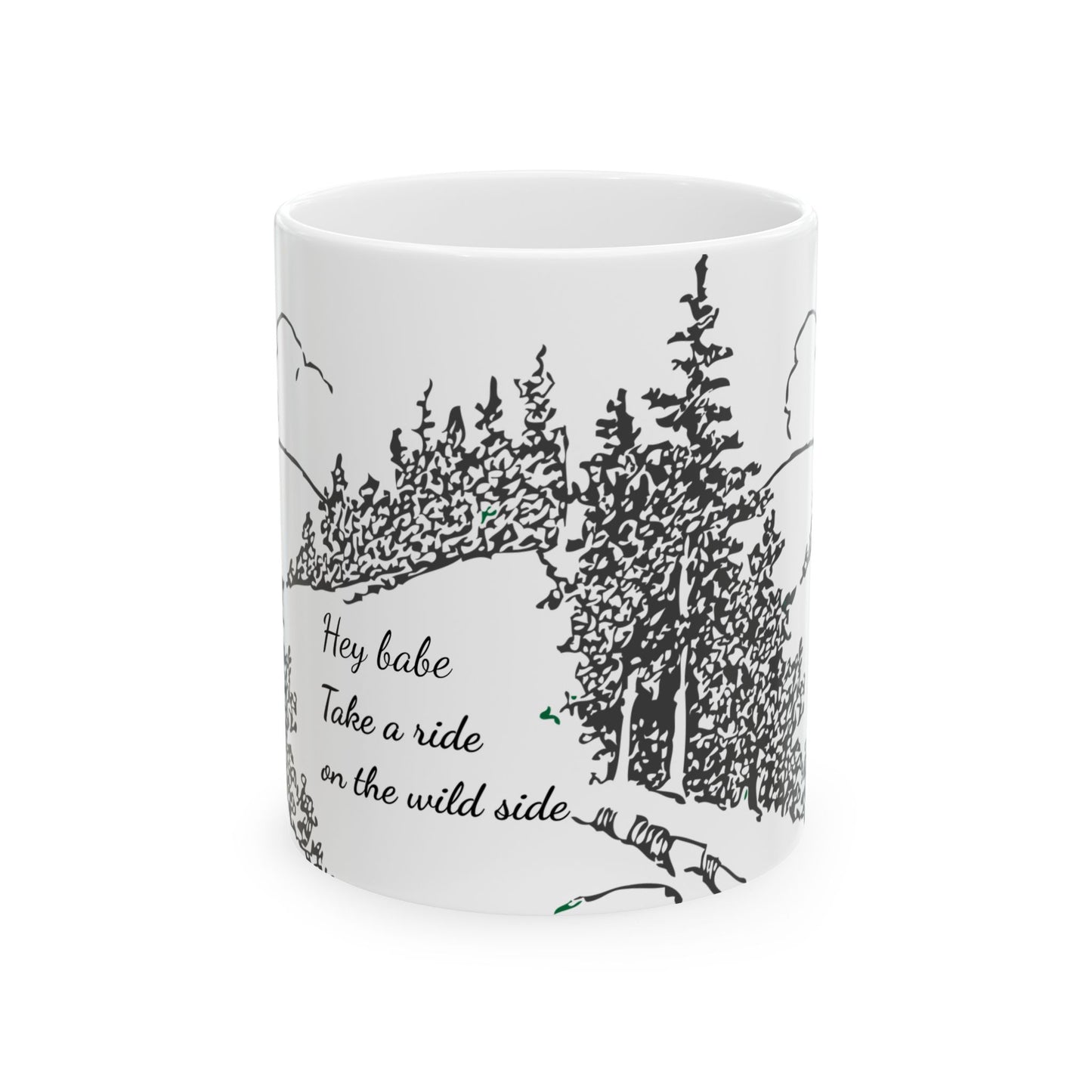 White mug with black forest design and text on a white background