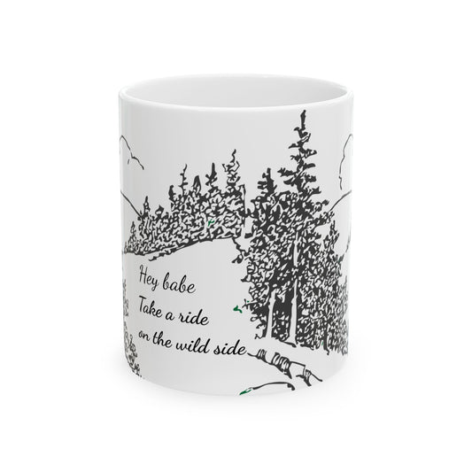 White mug with black forest design and text on a white background