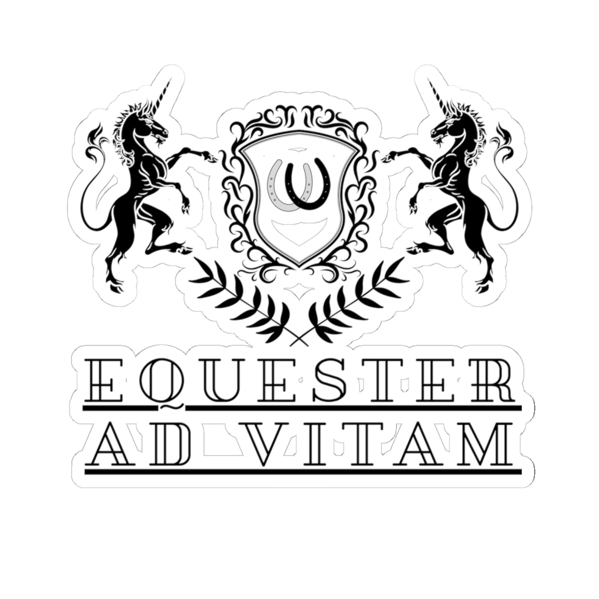 Decorative logo with unicorns and a shield on a white background, featuring the text 'Equester Ad Vitam'.