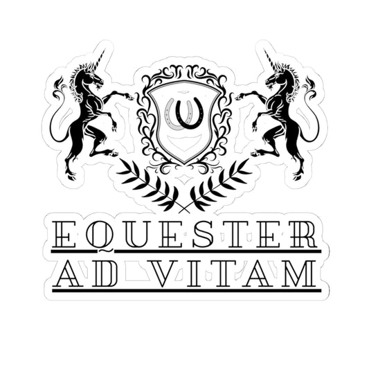 Decorative logo with unicorns and a shield on a white background, featuring the text 'Equester Ad Vitam'.