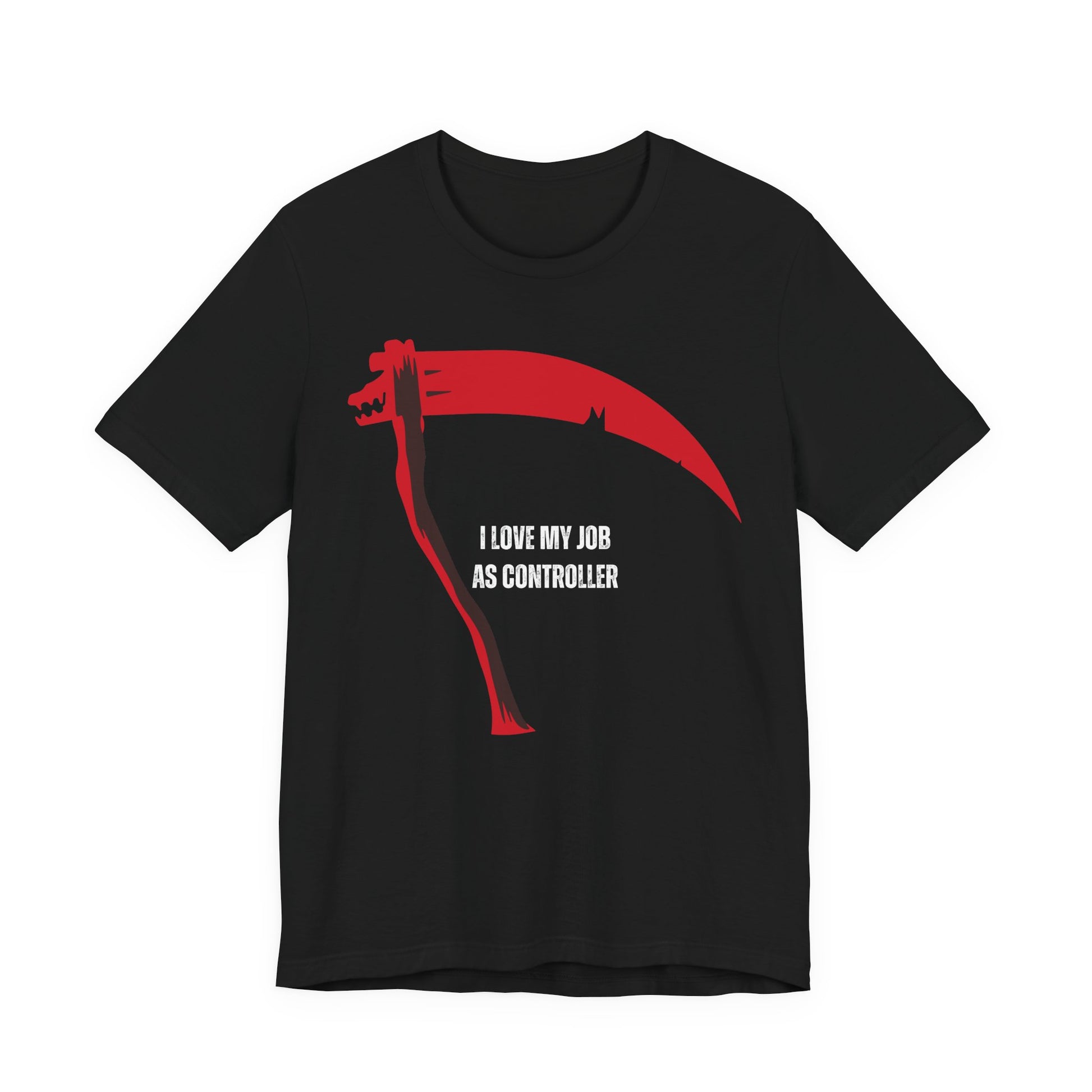 Black t-shirt with red graphic and white text on a white background