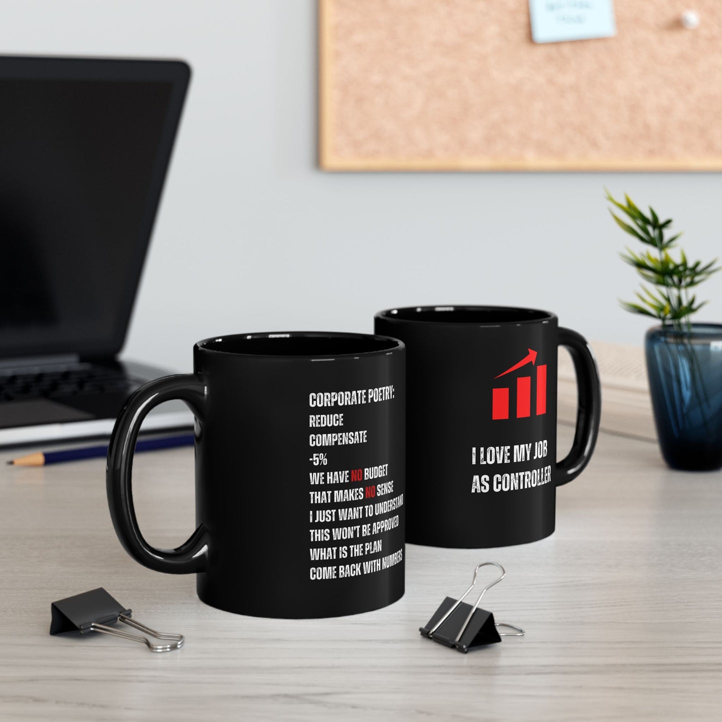 Office Controller Mug Two black mugs with humorous text designs on a desk with office supplies and decor.